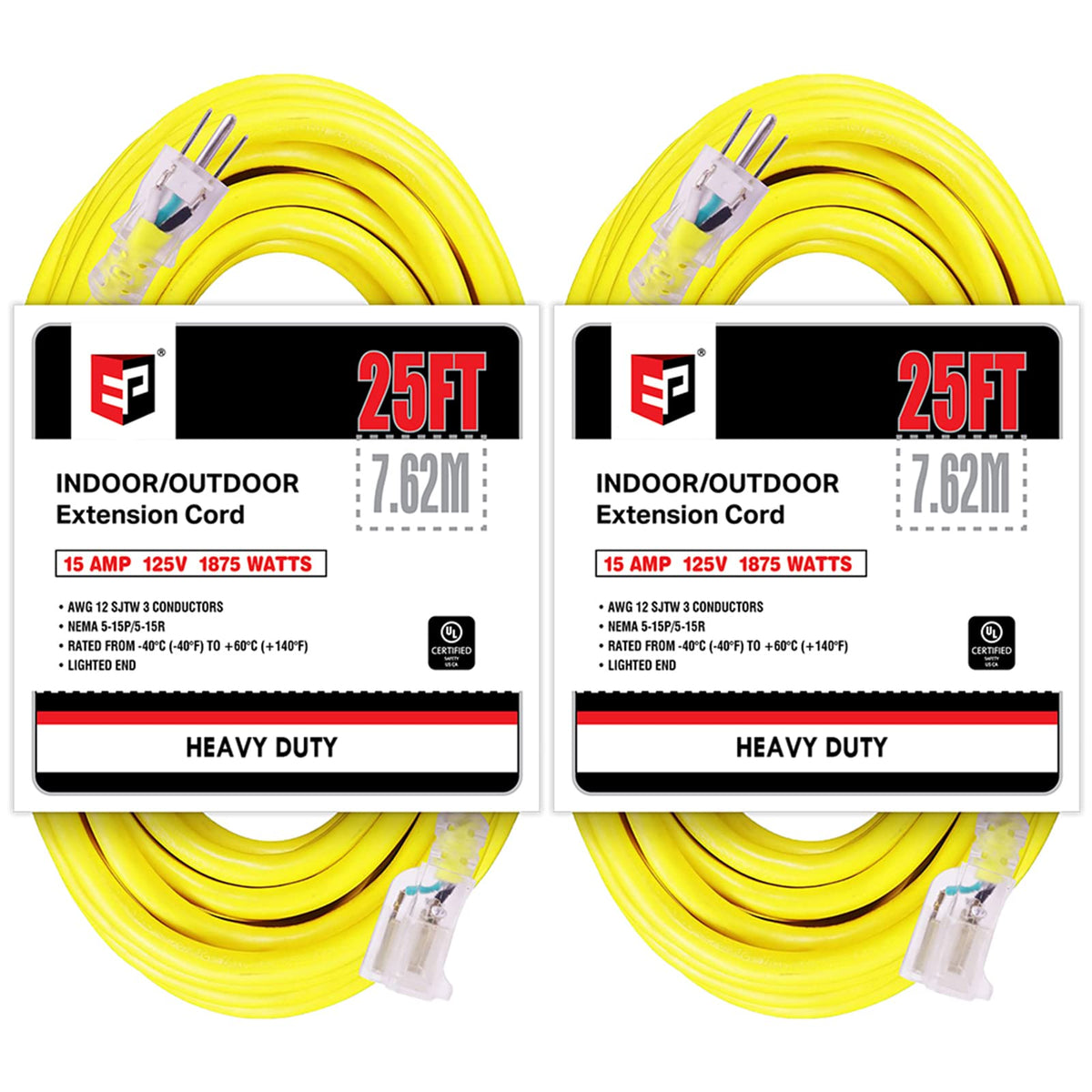 Ep 2 Pack 25 Ft Lighted Outdoor Extension Cord   12/3 Sjtw Heavy Duty Yellow Extension Cable With 3 Prong Grounded Plug   Power