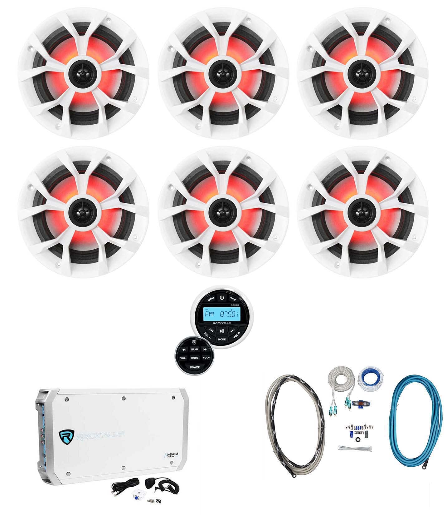 Rockville RKL65MBW Bundle: (6) 6.5 in 700-Watt Boat Speakers w/LED, RXM-S6 2600W 6-Channel Amplifier, RMWK4 4 AWG Marine Amplifi