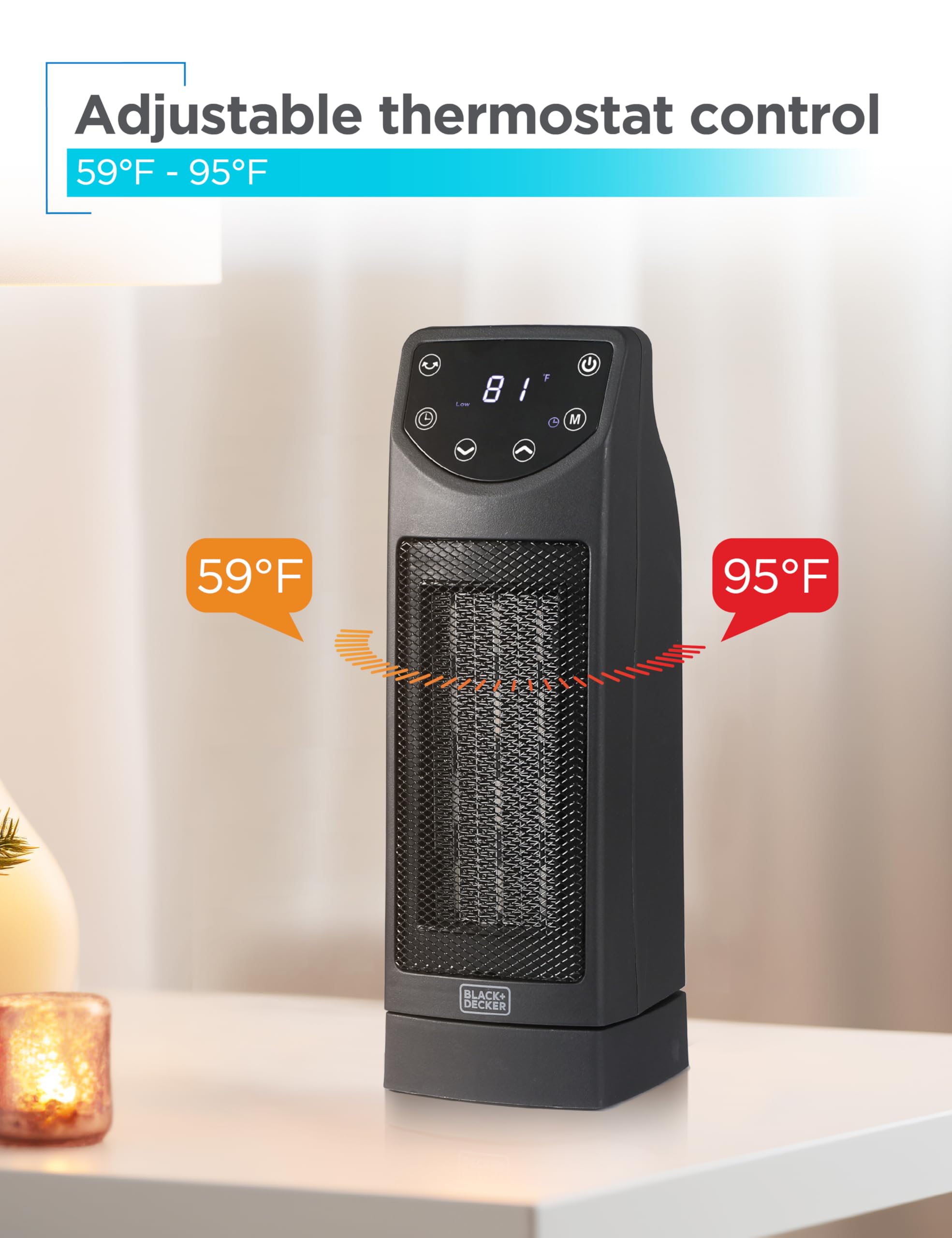 Black+Decker Oscillating Ceramic Desktop Heater With Remote With Adjustable Thermostat, Black