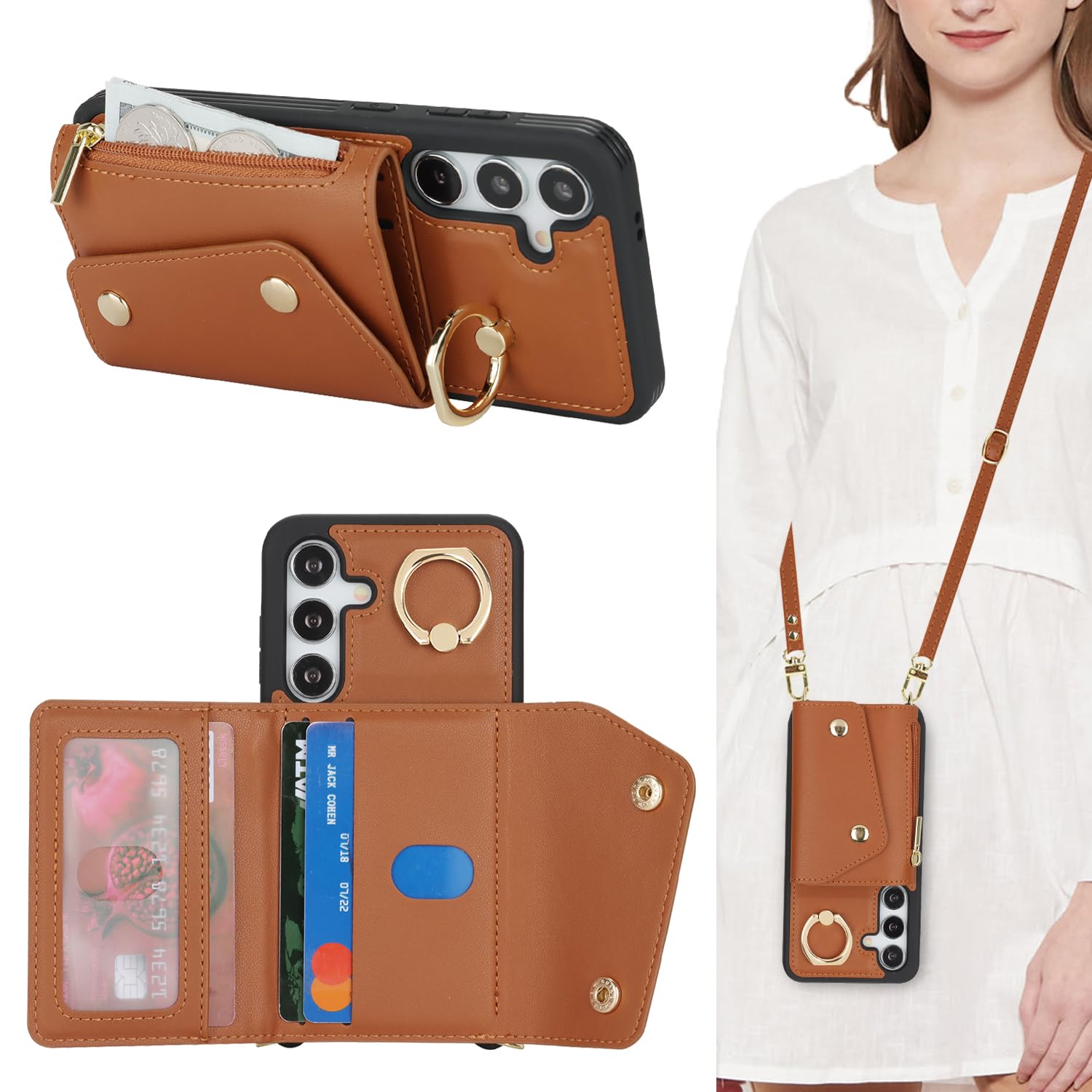 Lipvina for Samsung Galaxy S24 Case with Card Holder and Strap - Zipper Pocket,Crossbody Lanyard Strap,Credit Card Holder,Stand 