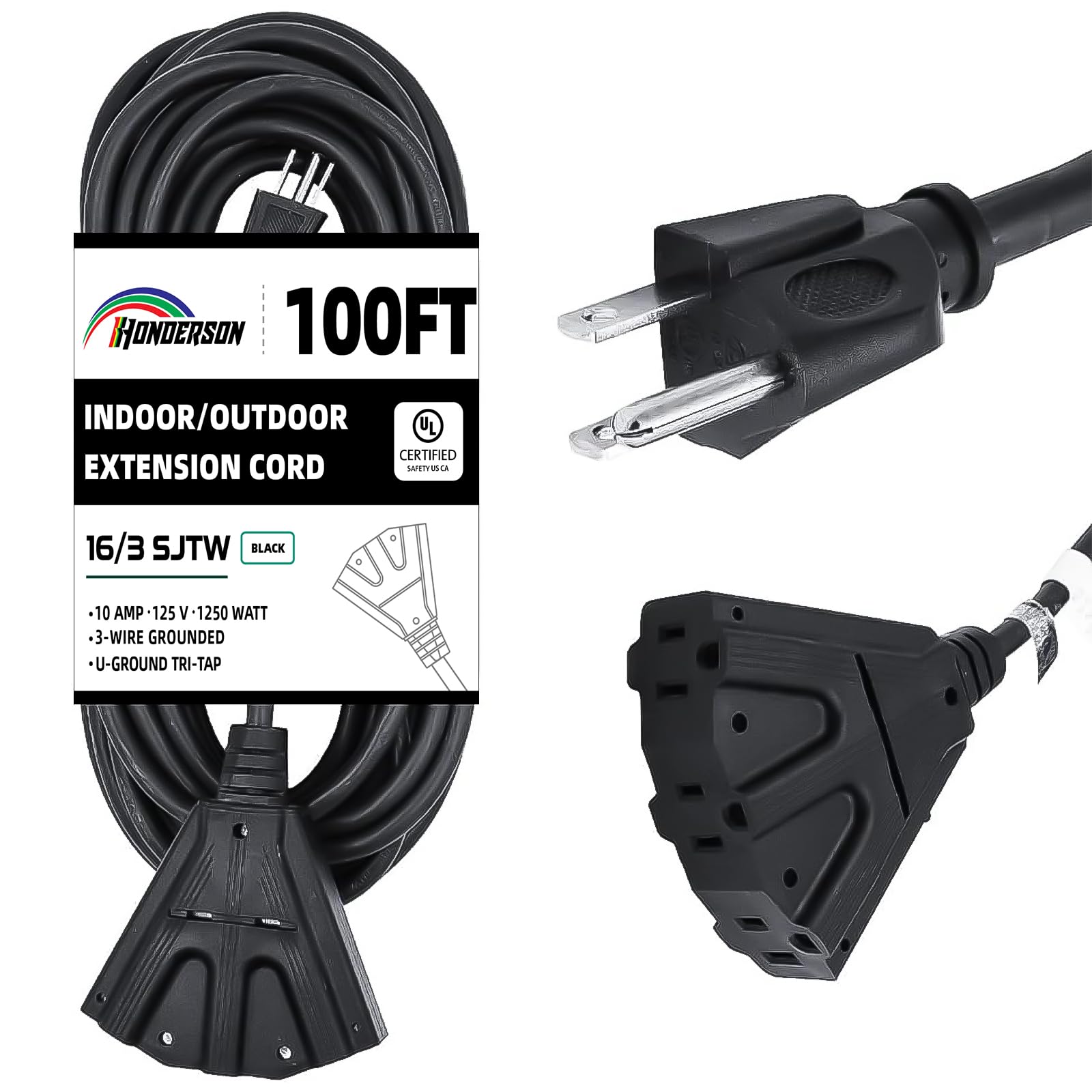 Honderson 3 Outlets Indoor Outdoor Extension Cord Weatherproof, Ul Listed, 16 Gauge 100Ft Black 3 Prong Heavy Duty, 16/3 Sjtw 10