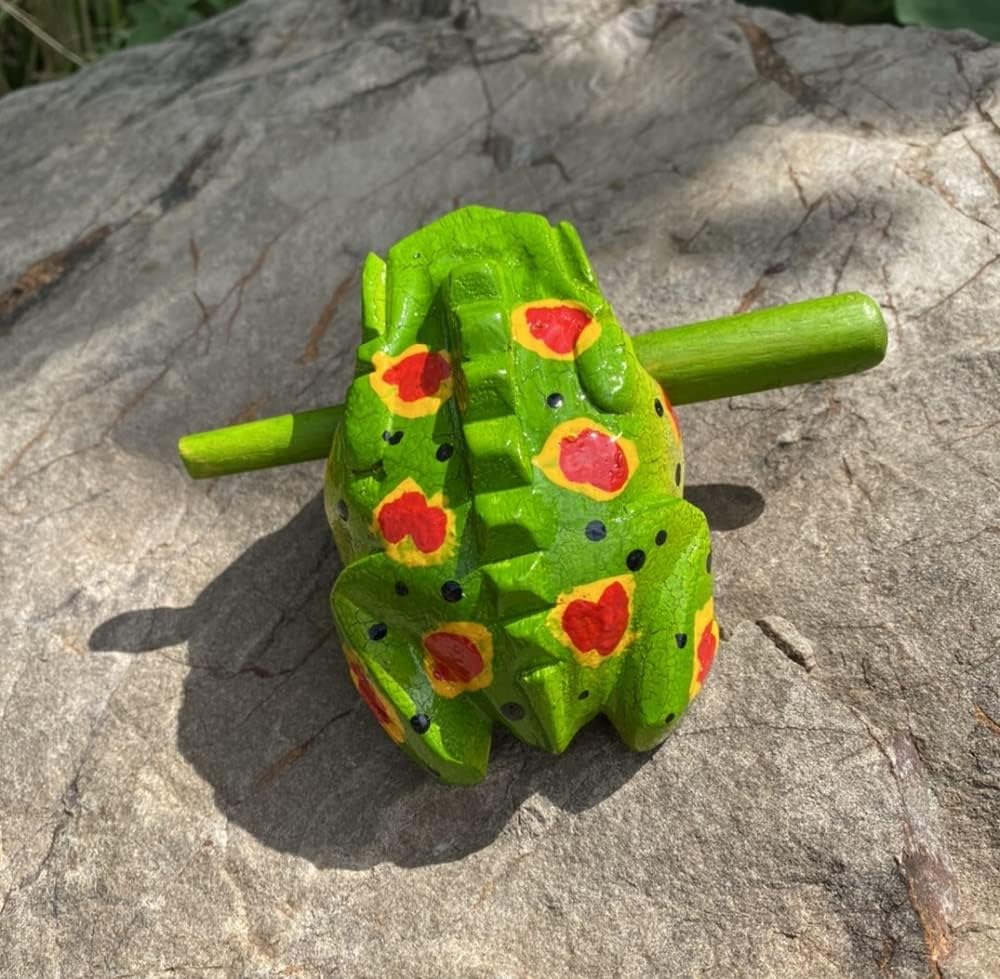 4 Inch Guiros Percussion Instruments Wooden Frog, Wooden Frog Musical Instrument Home Decor Handcrafted Decoration (Green Fancy