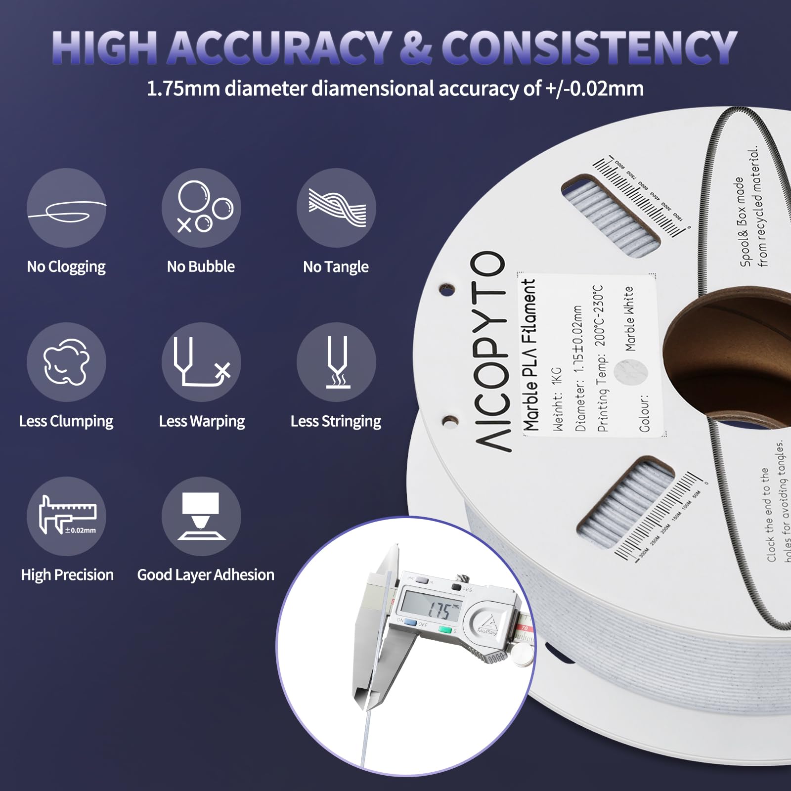 Aicopyto Marble Pla Filament 1.75Mm, Tougher And Stronger 1Kg Spool (2.2Lbs) 3D Printer Stone&Rock Pla Filament Dimensional Accu