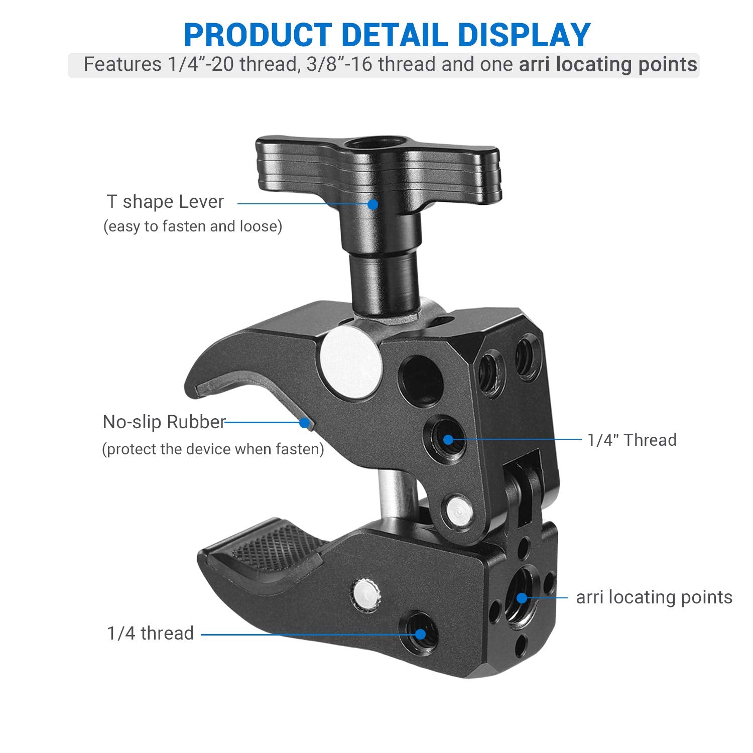 Smallrig Super Clamp With 1/4 Thread Holes, 3/8 Locating Pin For Arri Standard, T-Shaped Wingnut And Rubber Pads - 2220