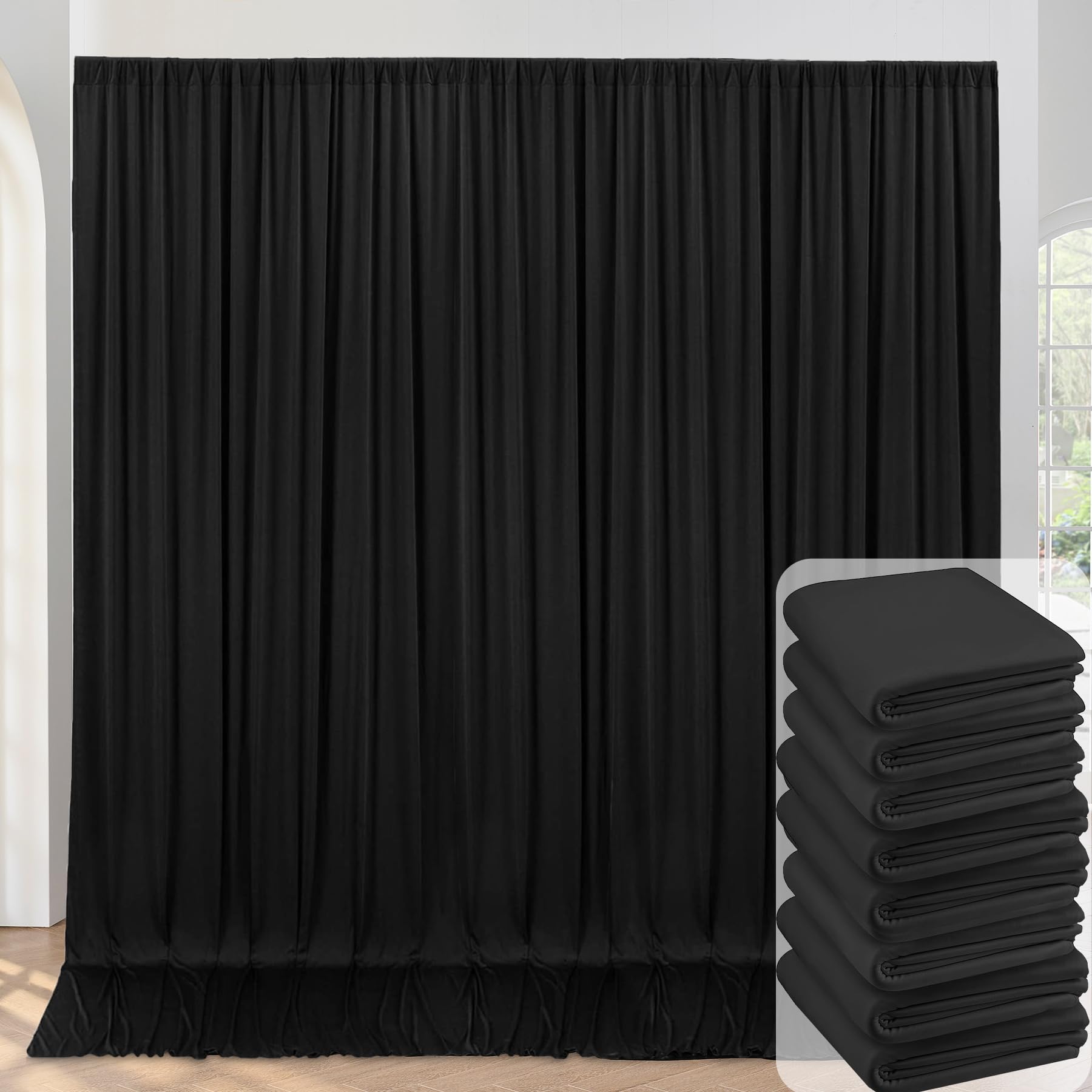 40Ftx10Ft Wrinkle Free Black Backdrop Curtain For Parties, 8 Panels 5X10Ft Silky Polyester Black Photo Backdrop Drapes For Birth