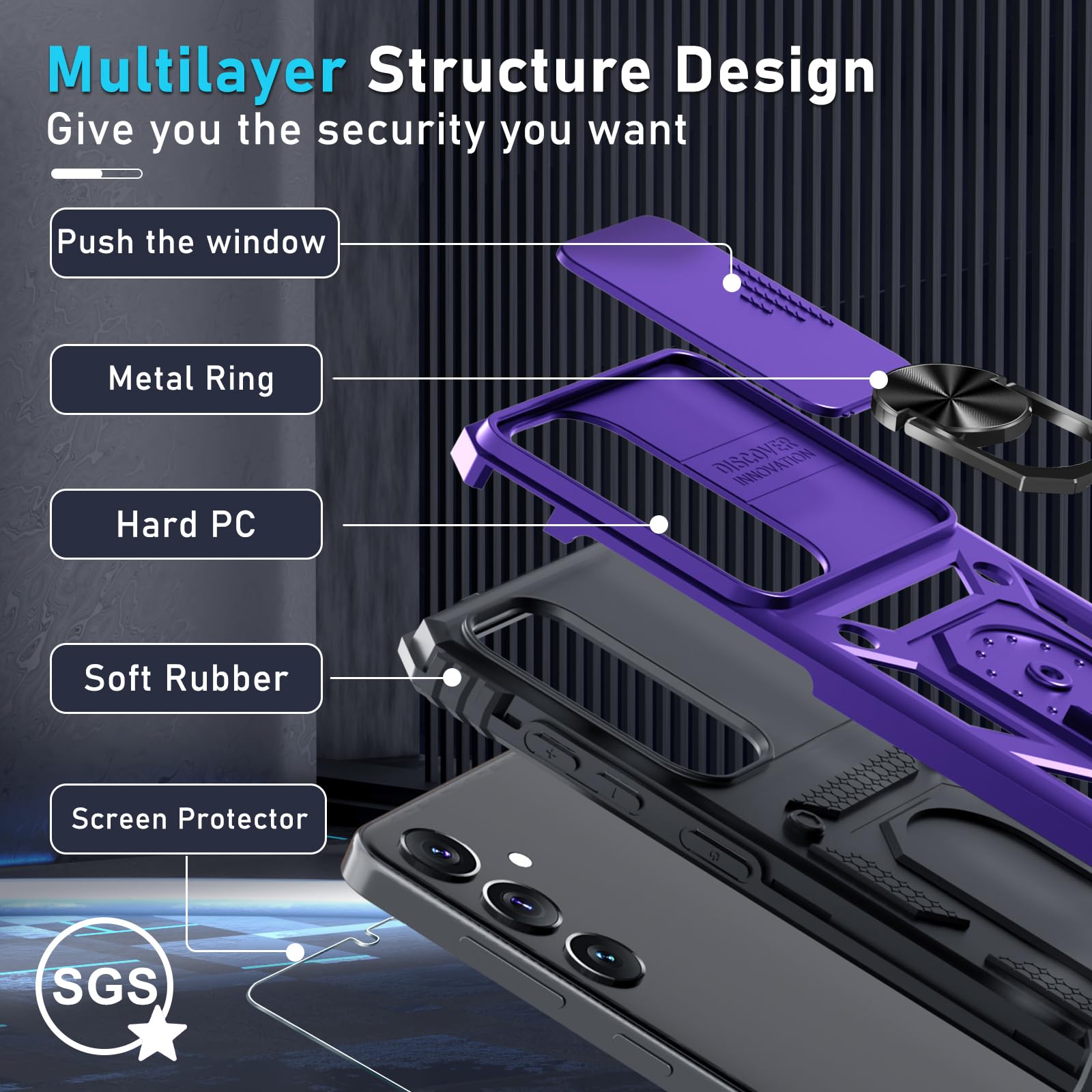 Janmitta Compatible With Samsung Galaxy S24 Case Built In Slide Camera Lens Cover+Screen Protector+Finger Ring Holder Kickstand,
