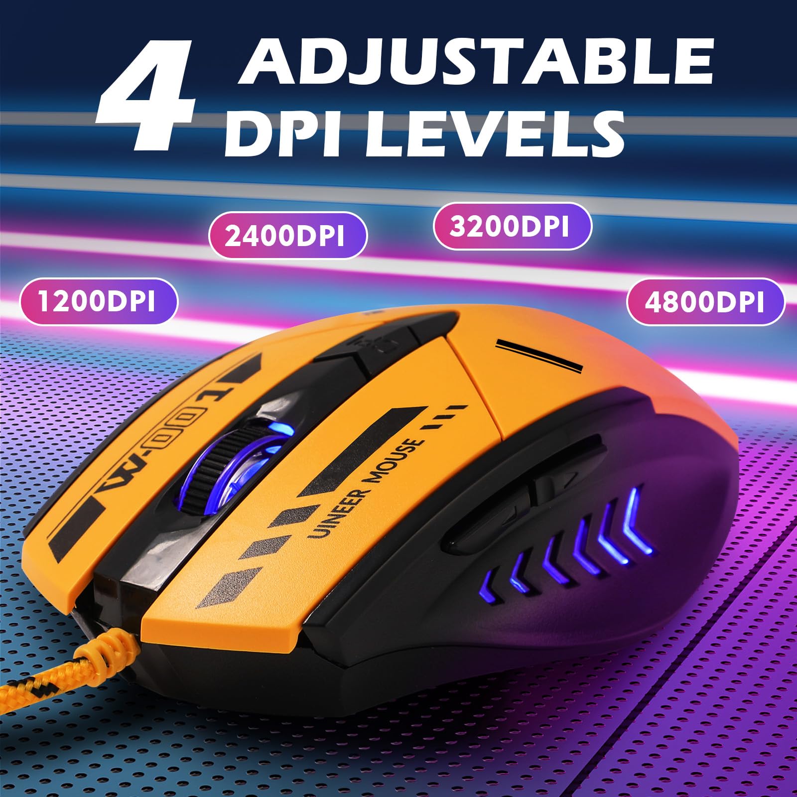 Uineer Wired Mouse Gaming, 4 Adjustable Dpi Levels, 6 Programmable Buttons, 4 Colour Auto Breathing Light, 1.5M Usb Cable   Plug