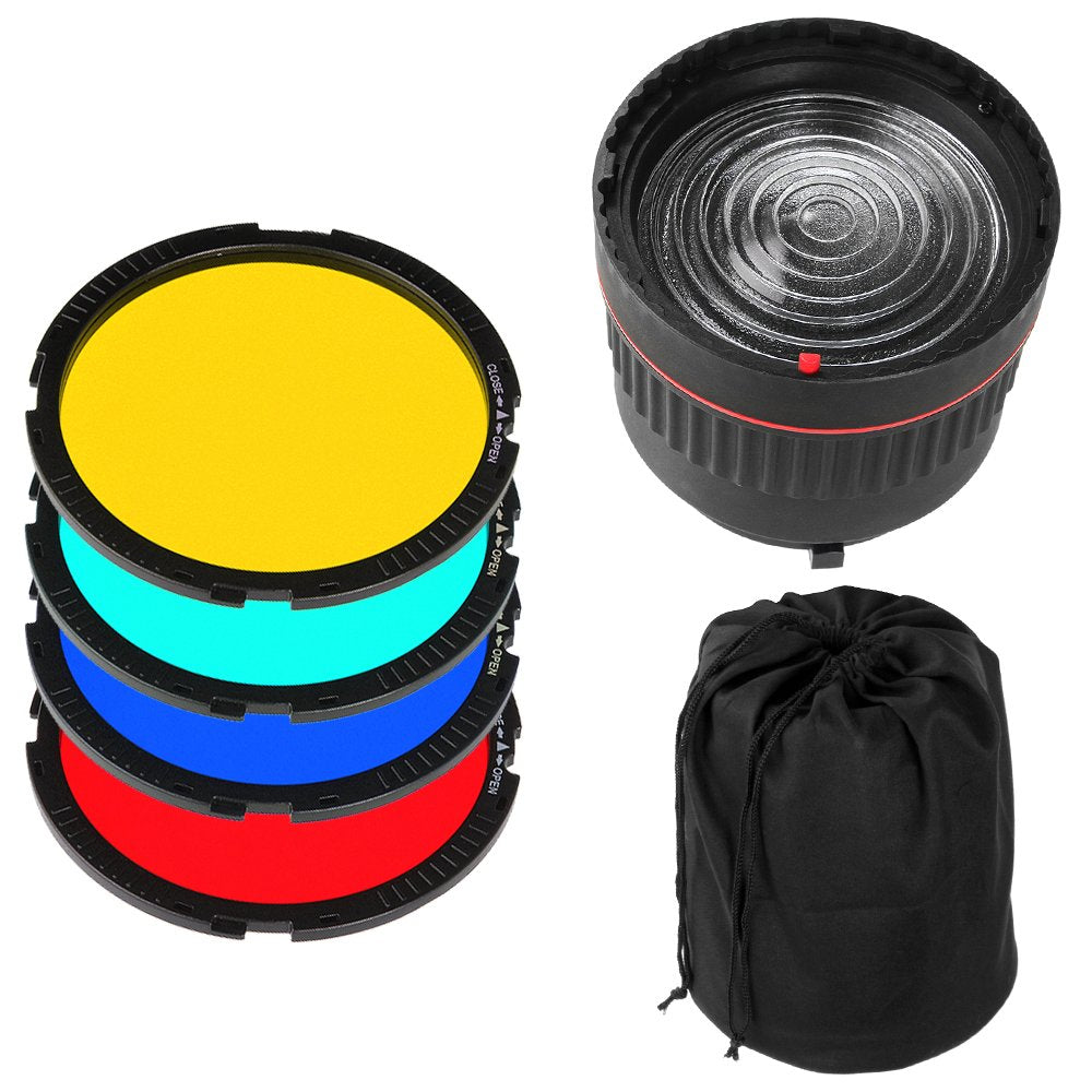 Fotga 10X Focus Bowens Mount Fresnel Lens Studio Light Focus Adjustment + 4 Colorful Filters For Studio Flash Led Light Photo St