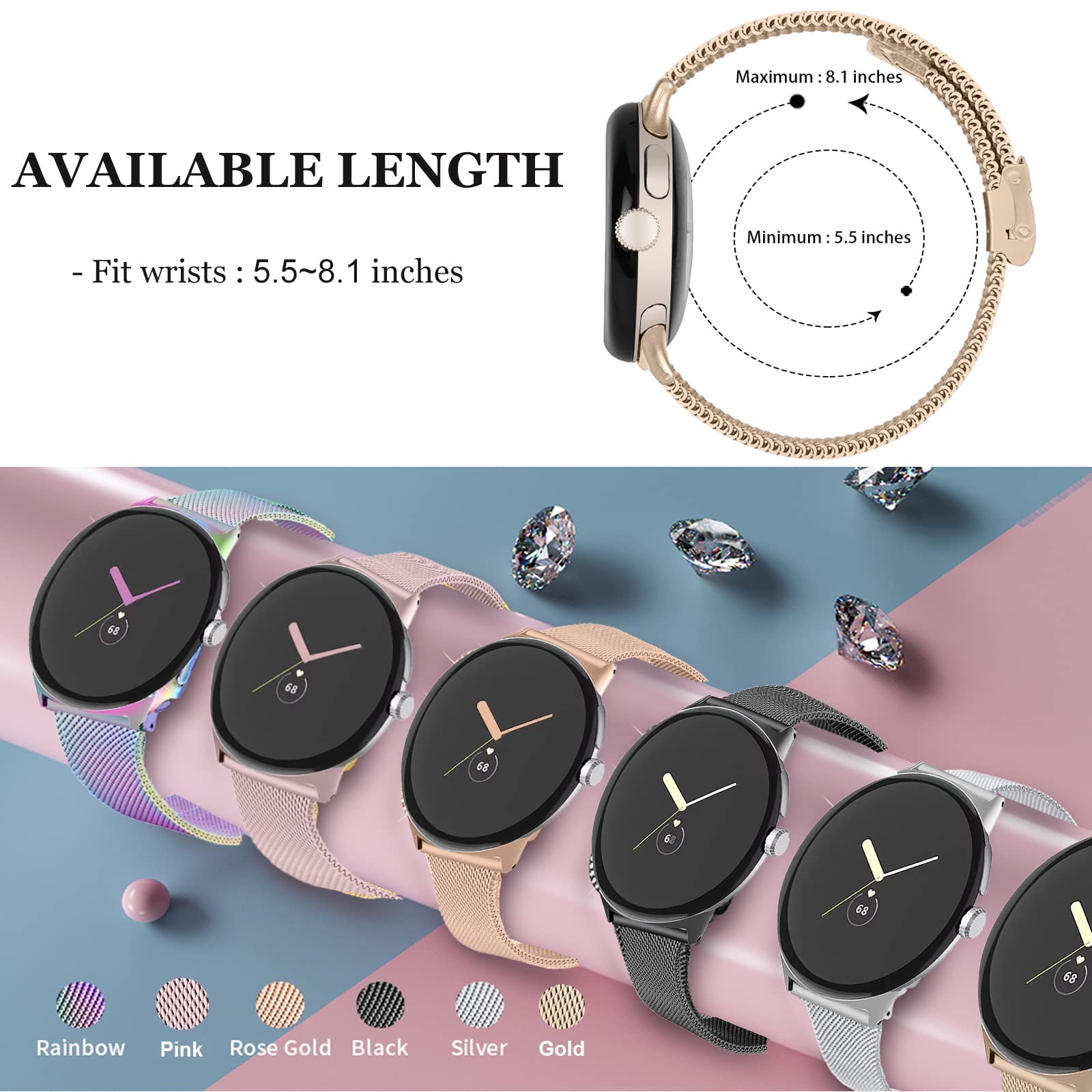 NINKI Slim Metal Band for Google Pixel Watch 3/2 - Champagne Gold Replacement Wristband for Men & Women, No Gap Design