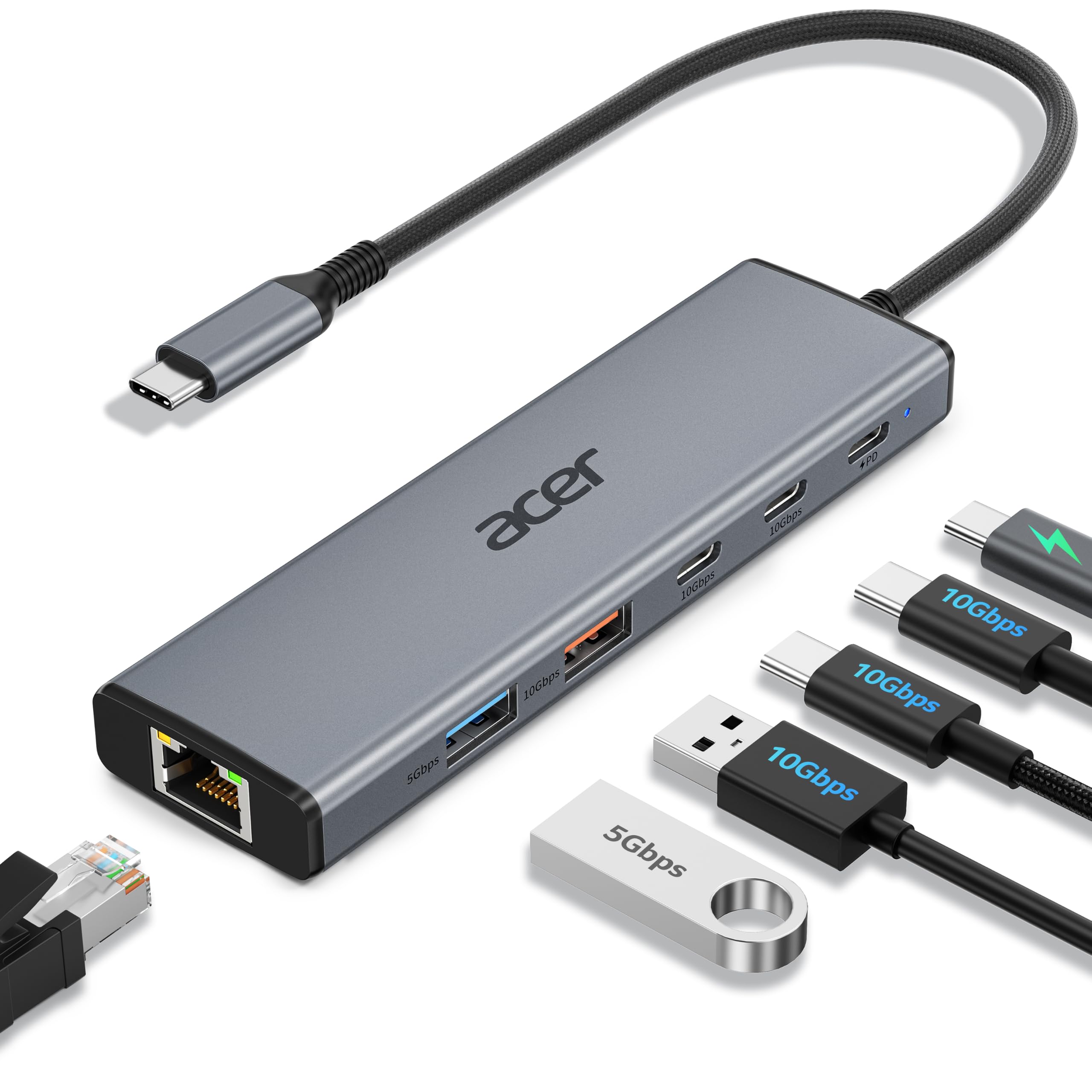 acer USB C Hub 10Gbps, 6in1 USB C to Ethernet Adapter for Laptop/PC