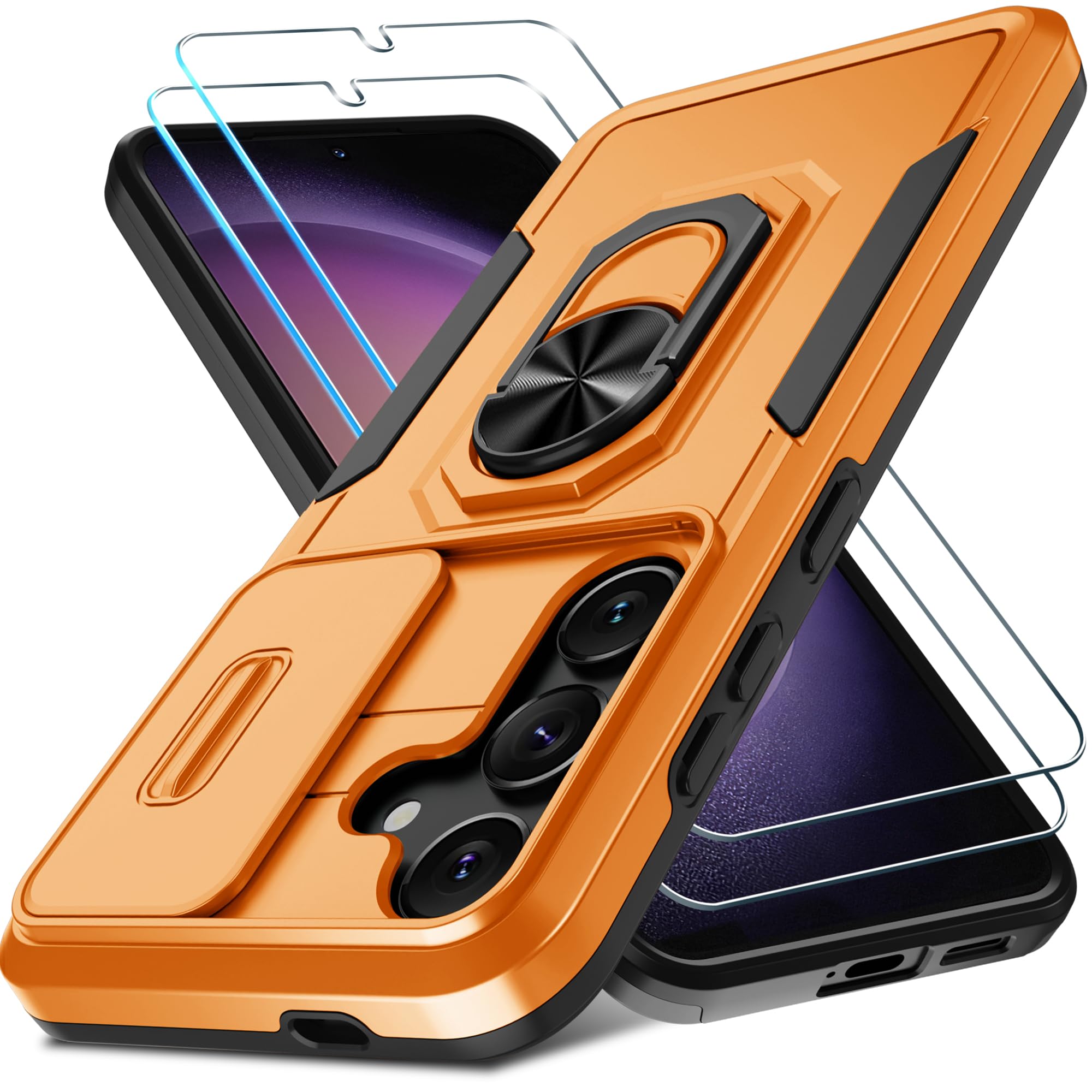 Janmitta Compatible With Samsung Galaxy S24 Case Built In Slide Camera Lens Cover+Screen Protector+Ring Holder,Heavy Duty Shockp