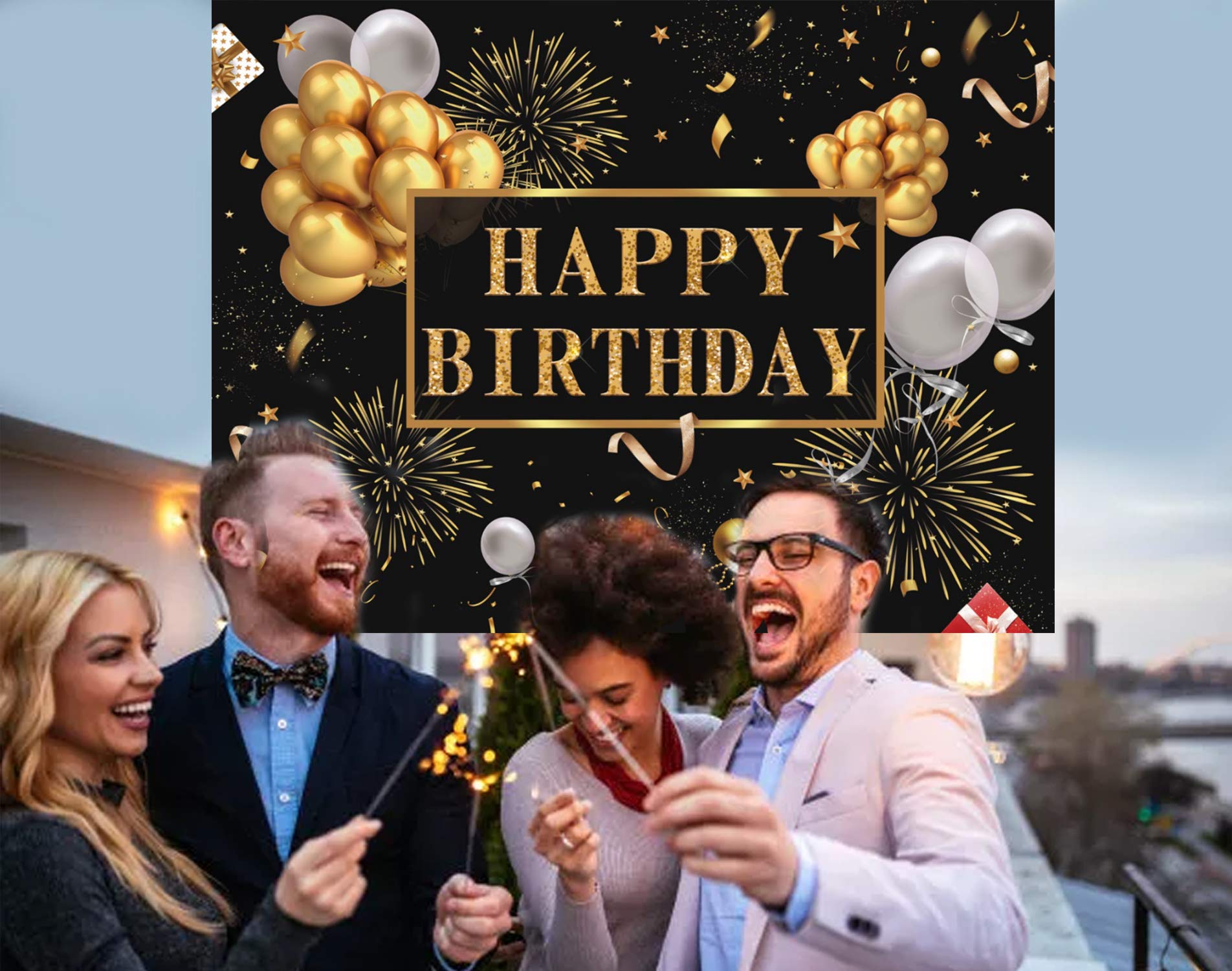 Saliyaa 7X5Ft Happy Birthday Backdrop Banner, Birthday Party Decor,Black Gold Poster Photo Booth Backdrop Background Banner For