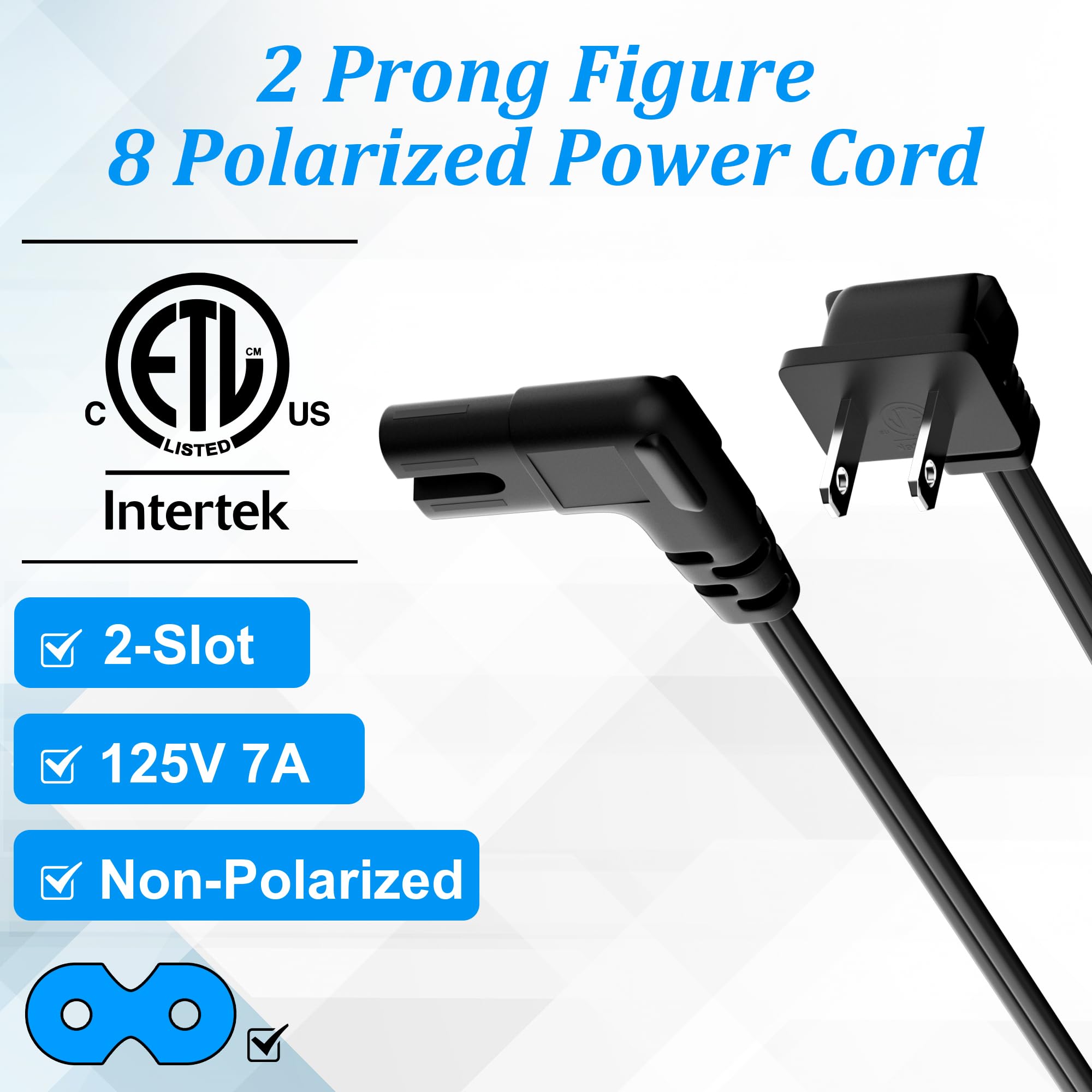 2 Slot Non Polarized Right Angle Power Cord 15 Ft, Nema 1 15P To Iec C7 90 Degree Ac Power Cable, Universal (Figure 8) Power Sup