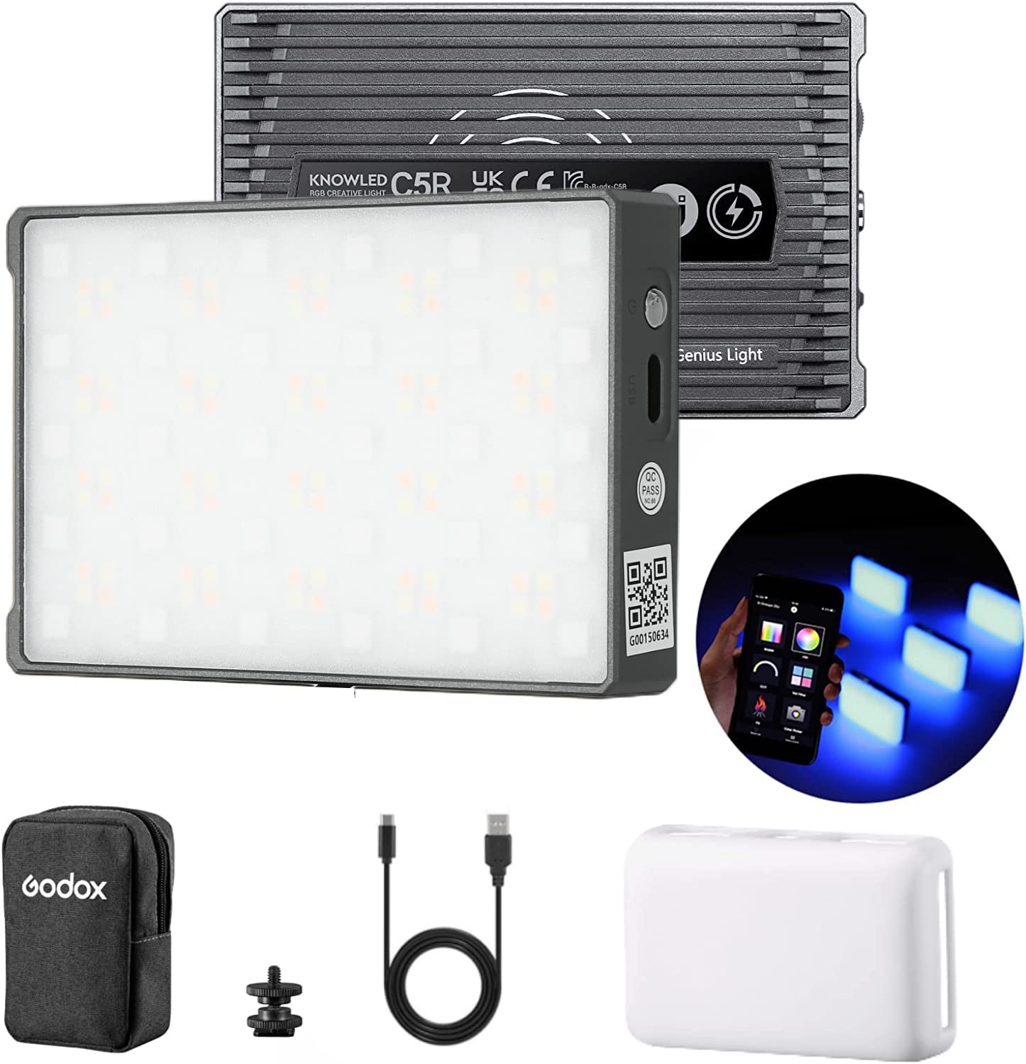 Godox C5R Rgbww Video Panel Light, Rgb Camera Light With 14 Fx Special Effects, Dimmable 2500K To 8500K, Built In 3.8V/3000Mah R