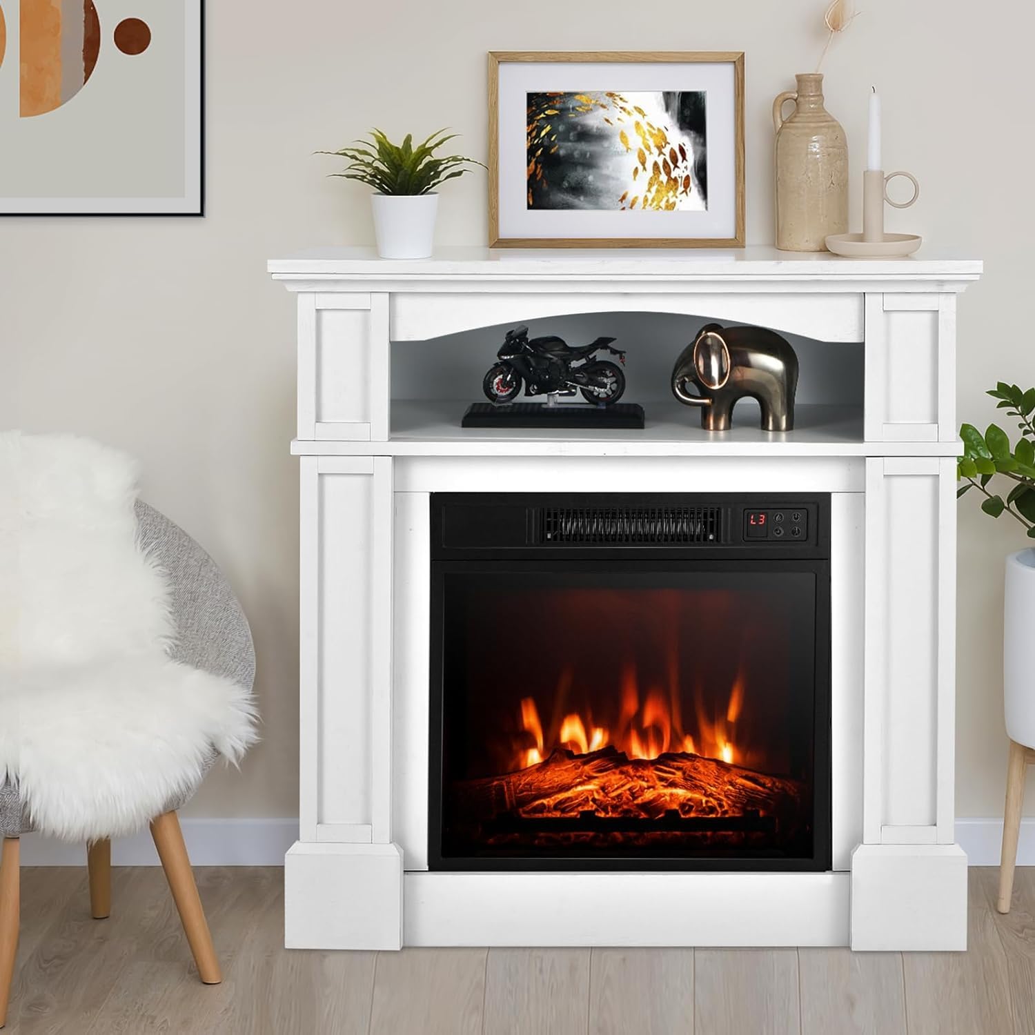 OFFICEJOY Electric Fireplace with Mantel, 32 Freestanding Fireplace Realistic Flame with Thermostat, 3 Brightness & Remote Contr