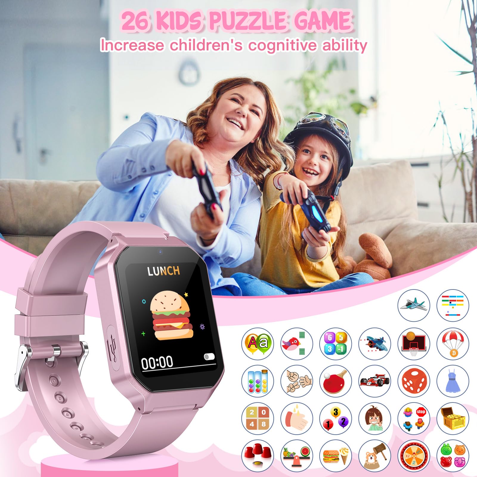 Derui Smart Watch For Kids 3 12 Years Boys Girls, 26 Puzzle Games, Smartwatch With Camera, Pedometer, Stopwatch, Video Voice Music Player Calendar Alarm Clock Learn Card For Children Gifts (Pink)