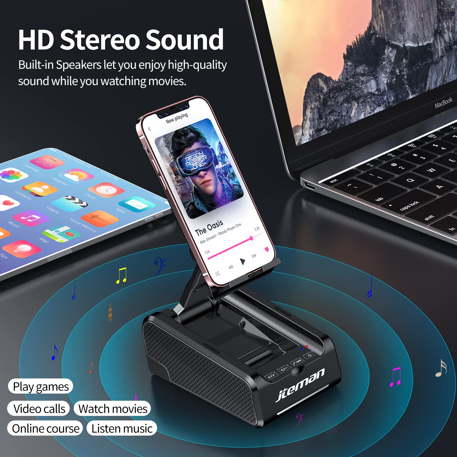 Jteman Phone Stand Wireless Bluetooth Speaker,Desktop Kitchen Gadgets Phone Stand,Portable Phone Stand With Speaker,Gifts For Wo