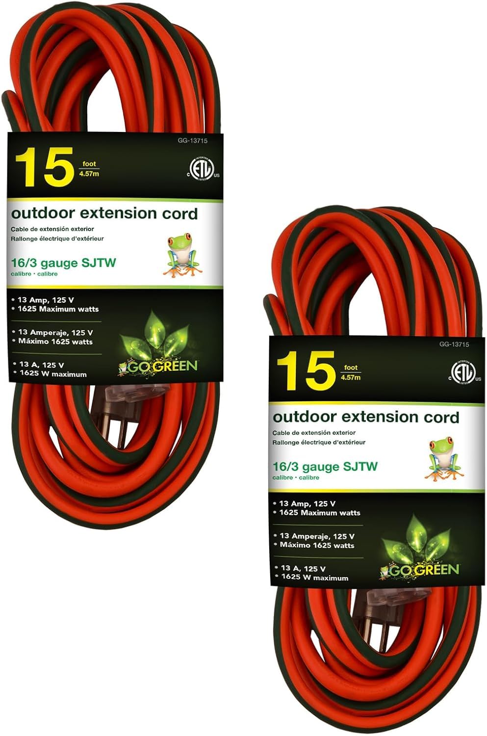 GoGreen Power Inc. (G-13715-2) 16/3 15 Heavy Duty Extension Cord - Orange, 15ft, 2 Pack