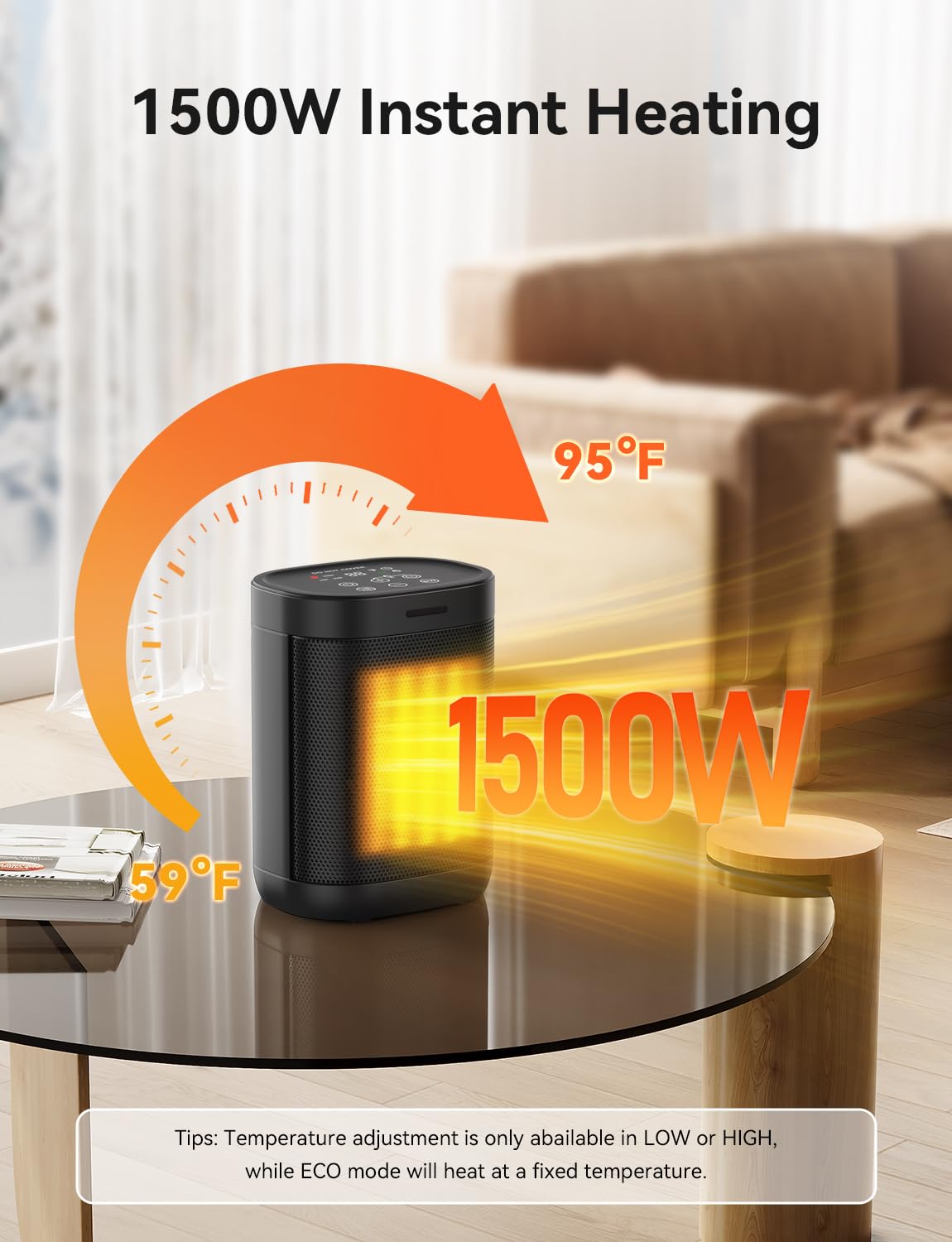 1500W Space Heaters For Indoor Use, Portable Electric Heater With Eco Mode, 59 95F Digital Thermostat, Child Lock, 24H Timer, Sm