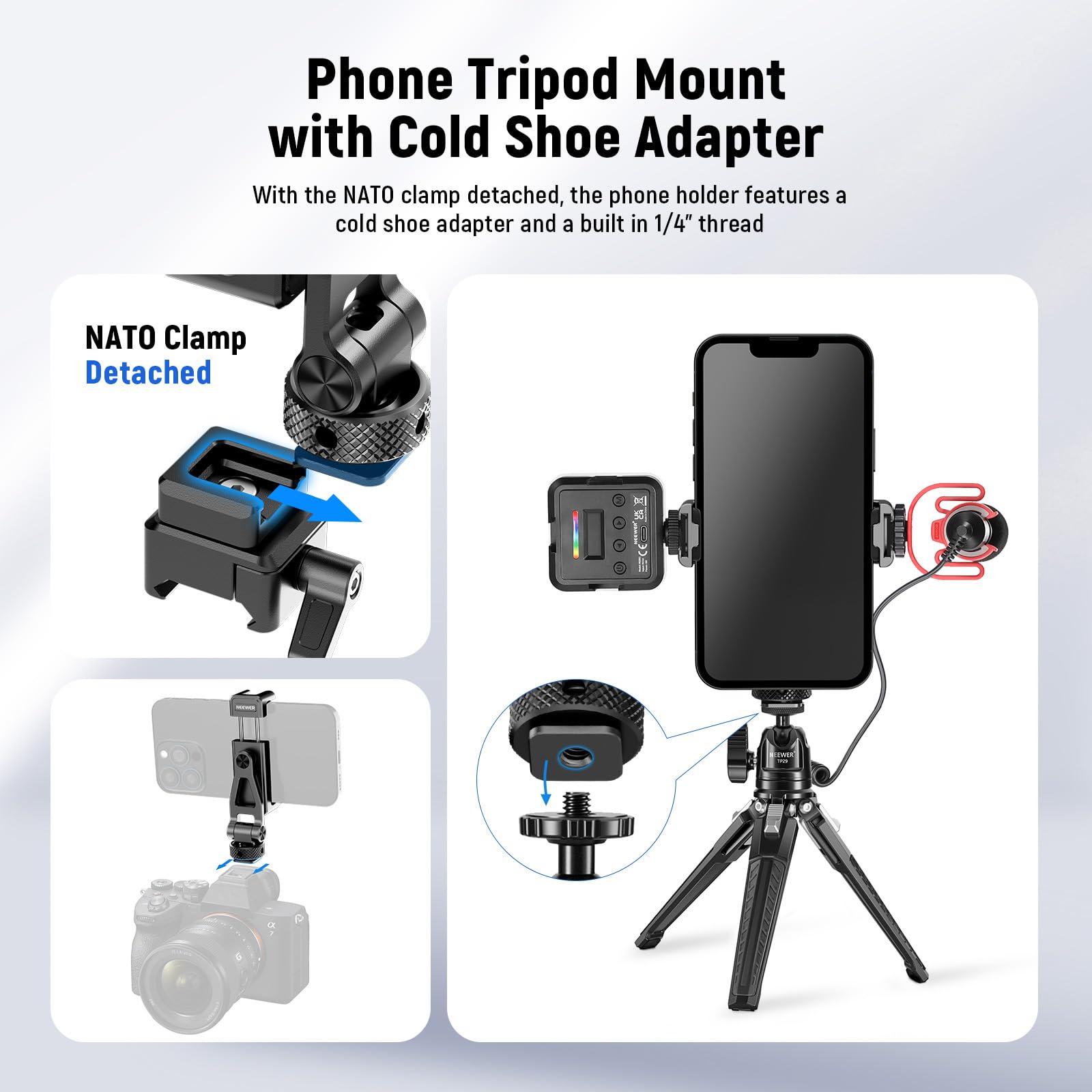 Neewer Metal Phone Tripod Mount With Cold Shoe Mount & Nato Clamp For Dji Rs4 Rs3 Pro Rs2 Rsc2 Gimbal Stabilizer, 180 Tilt Phone