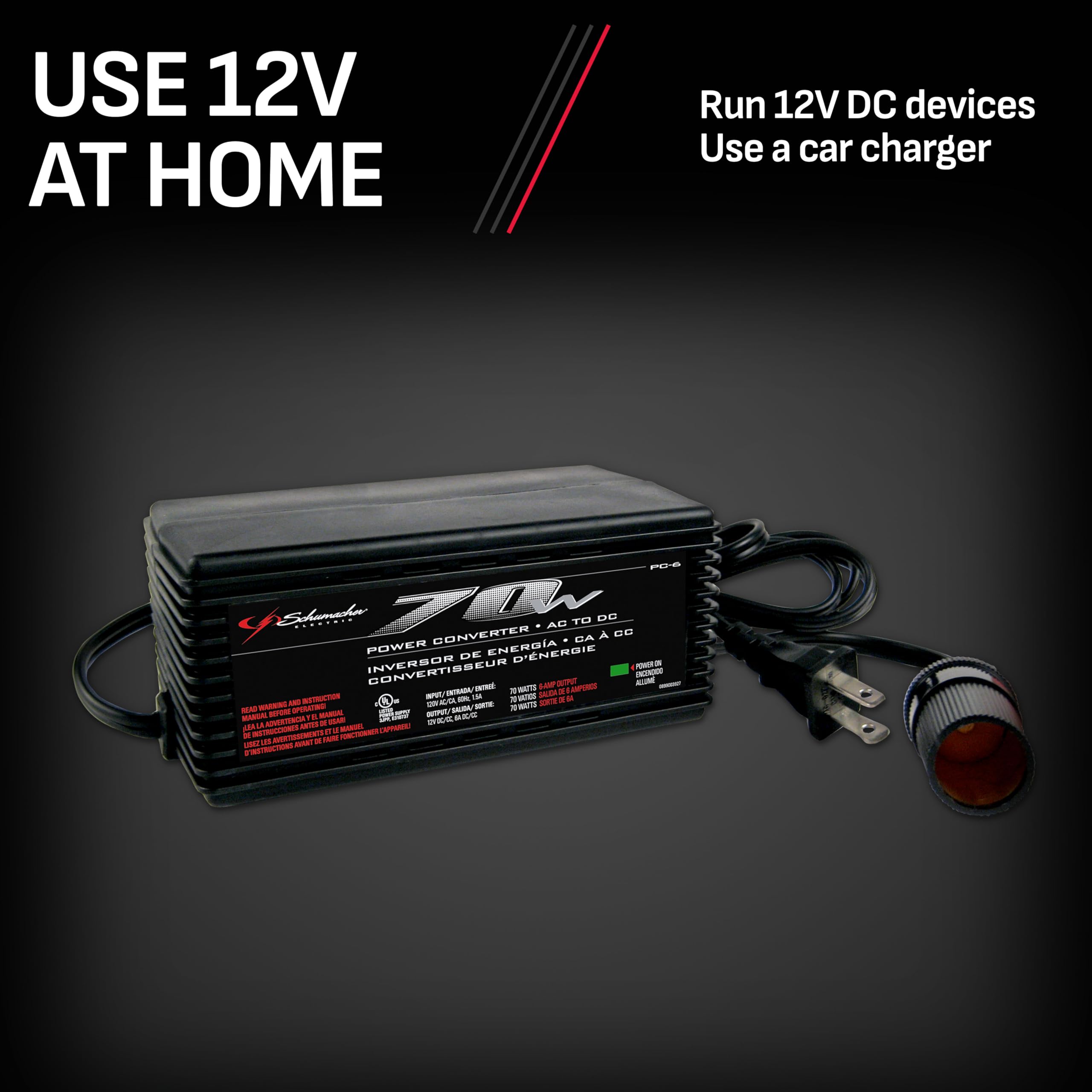 Schumacher Electric Ac To Dc Power Converter, Pc 6, 70 Continuous Watts, 140 Peak Watts, 12 Volt Dc Accessory Port, Plugs Into H