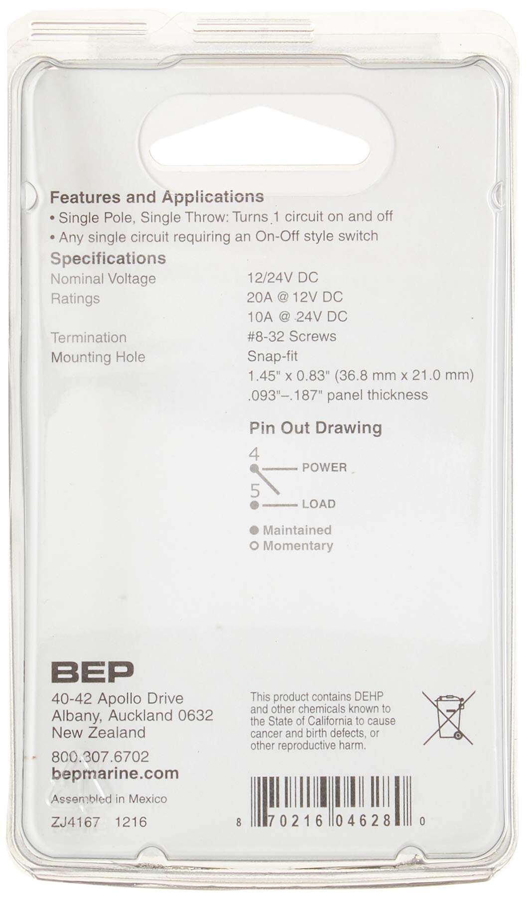 Bep 1001707 Spst Rocker Switch   Off/On