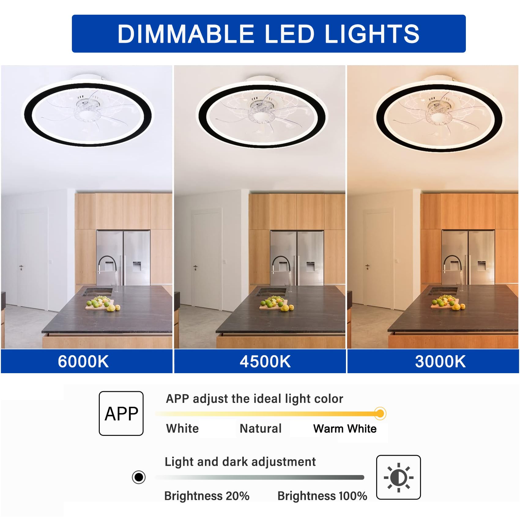 Tcfundy 18'' Ceiling Fan With Light, Led Low Profile Ceiling Fan Lights Remote Control Dimmable 3 Lighting Modes & 6 Level Wind