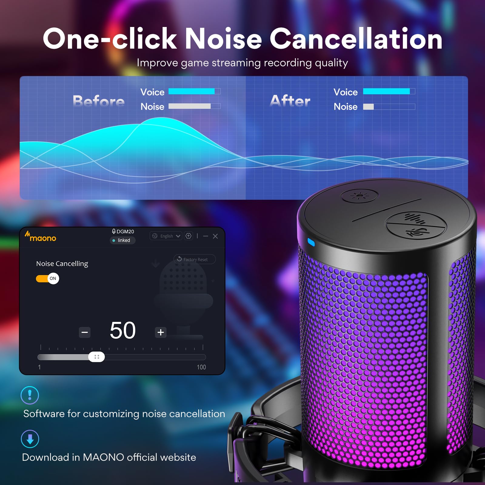 Maono Usb Gaming Microphone For Pc, Noise Cancellation Condenser Mic With Rgb Lights, Mute, Gain For Streaming, Recording, Podca