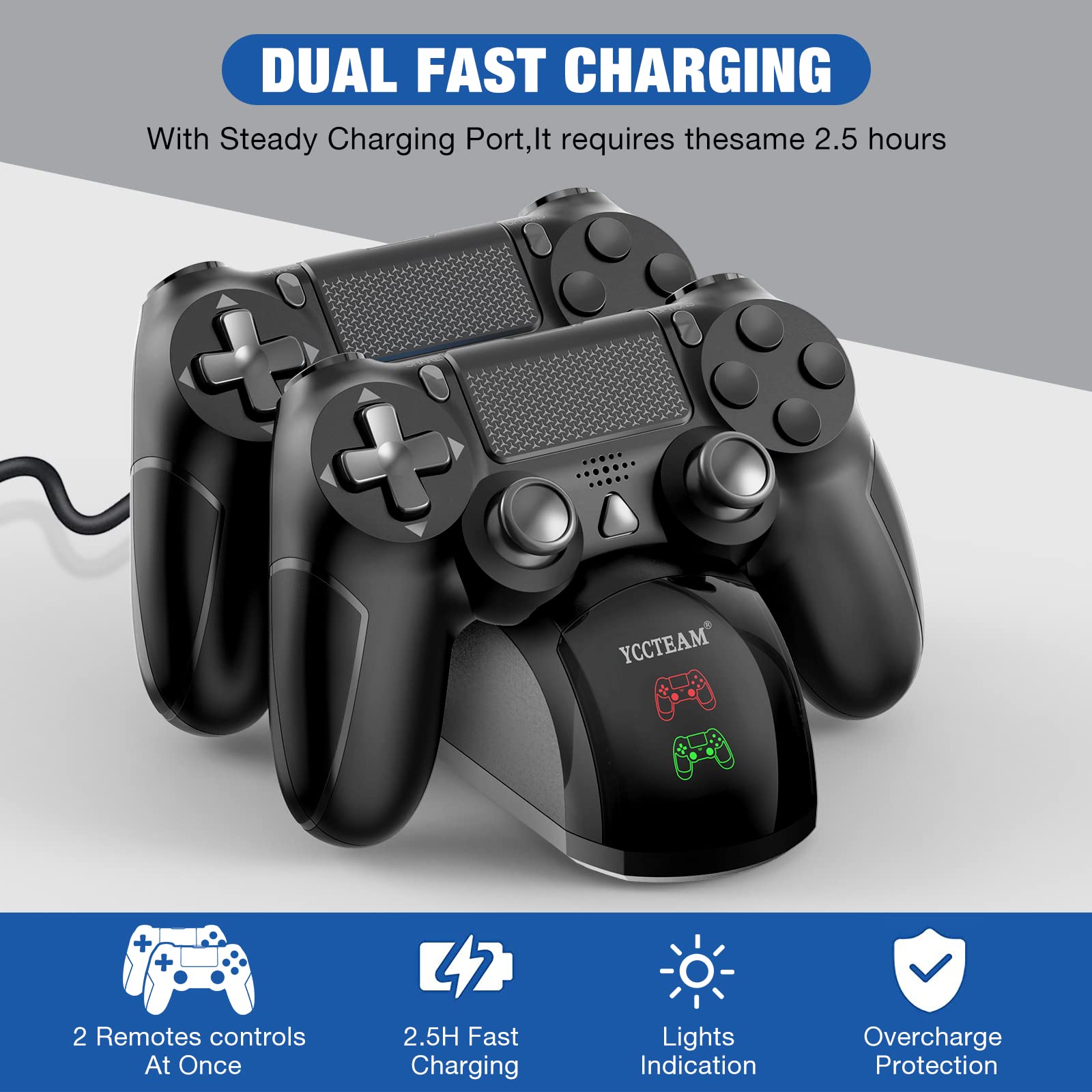 Charger Dock Station For Ps4, 1.8 Hrs Fast Charging For Ps4 Charging Station, With Led Indicator Charging Chip, Dual Usb Charger