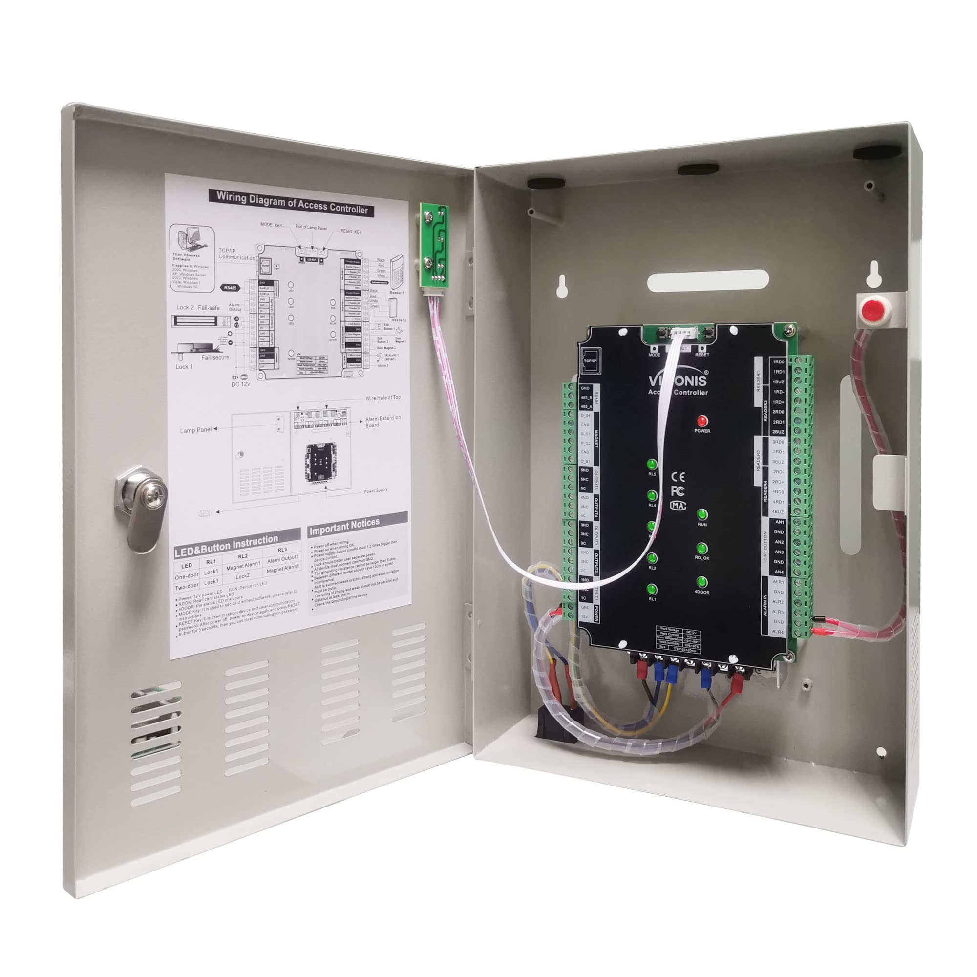 Visionis Fpc 6205 Four Doors Access Control Tcp / Ip Wiegand For Out Swing Electric 600Lbs Maglock Controller Box + Indoor/Outdoor Card Reader + Software Included + 20,000 Users Kit