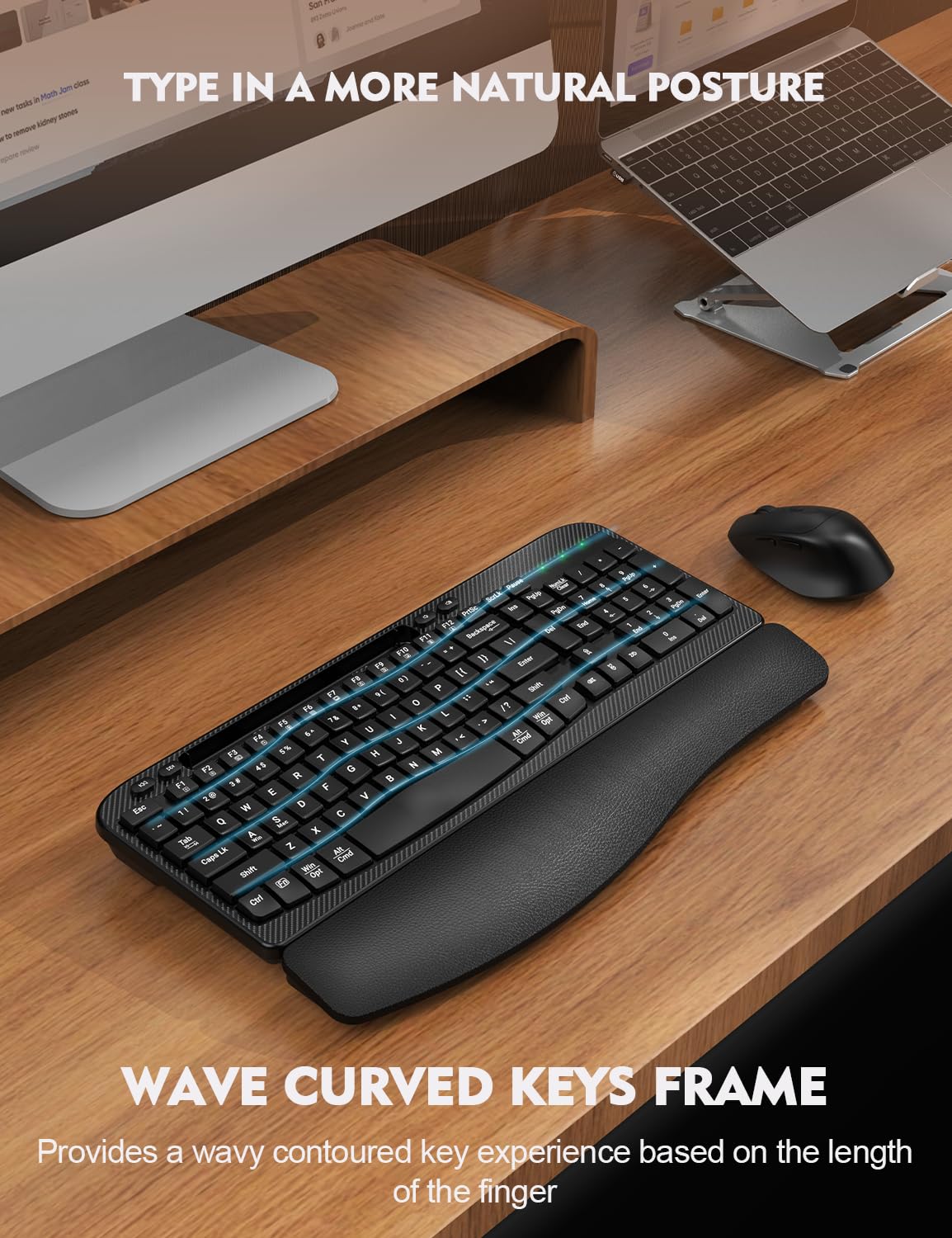 Wireless Keyboard And Mouse Combo, Wave Keys Full-Sized Ergonomic Keyboard With Cushioned Plam Rest, Phone Holder, Comfortable N