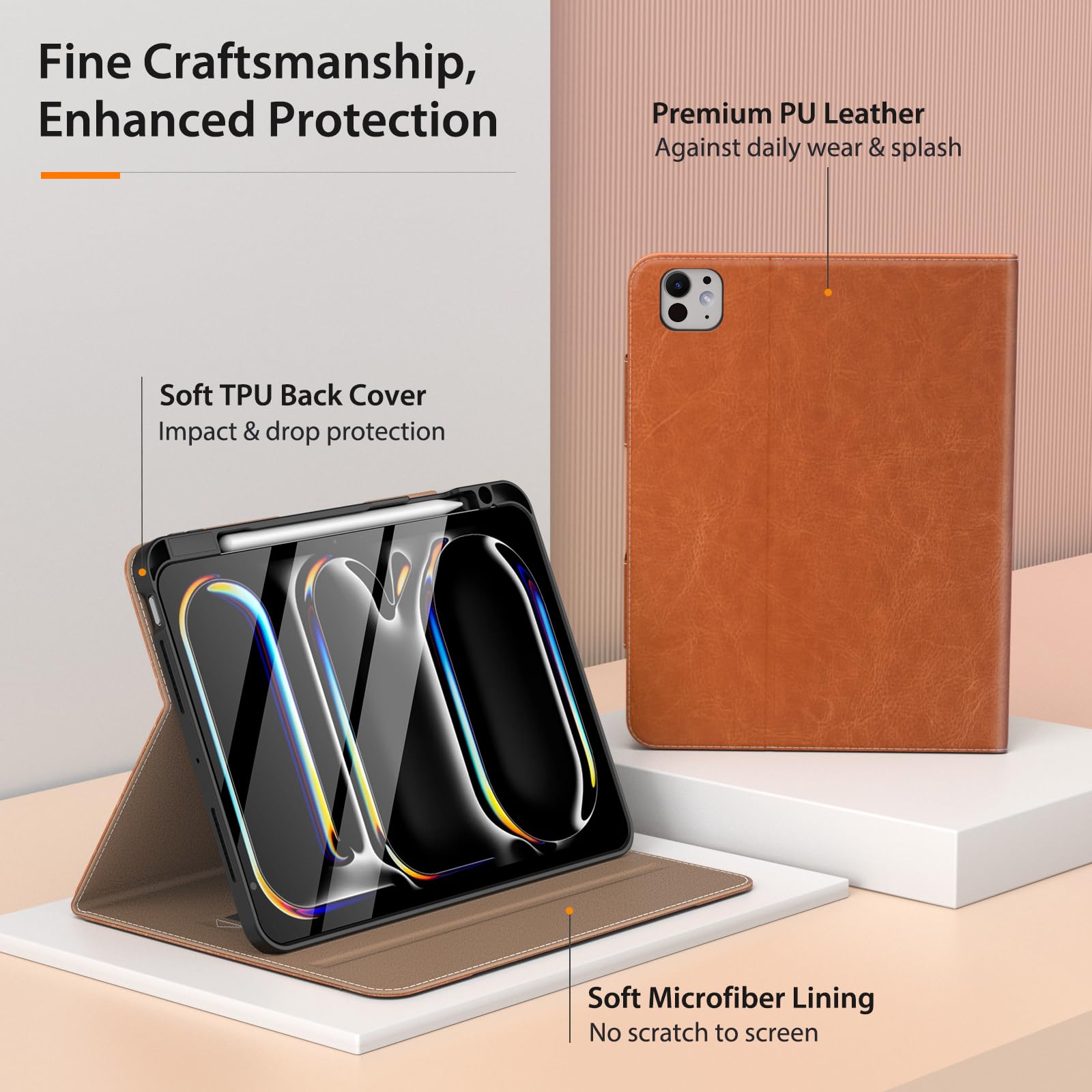 MoKo Case for iPad Pro 11 Inch M4 2024 (5th Generation) with Pencil Holder & Pocket, Built in Hand Strap, Multi Angle Viewing, Premium PU Leather Folio Cover for iPad Pro 11 2024, Brown