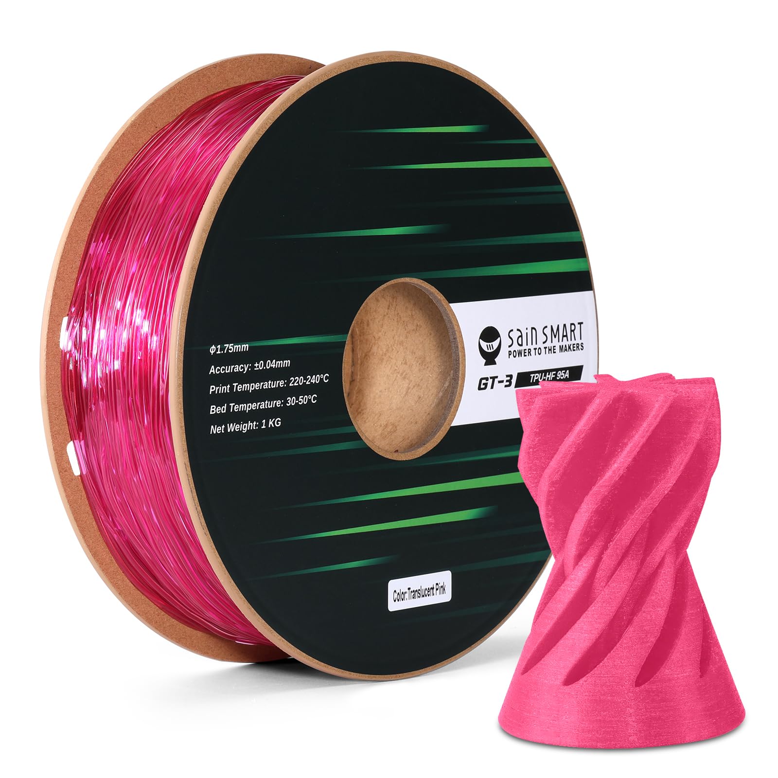 SainSmart TPU Filament 1.75mm, GT-3 Transparent Pink Flexible 3D Printer Filament for High-Speed Printing 500mm/s, High Flowabil