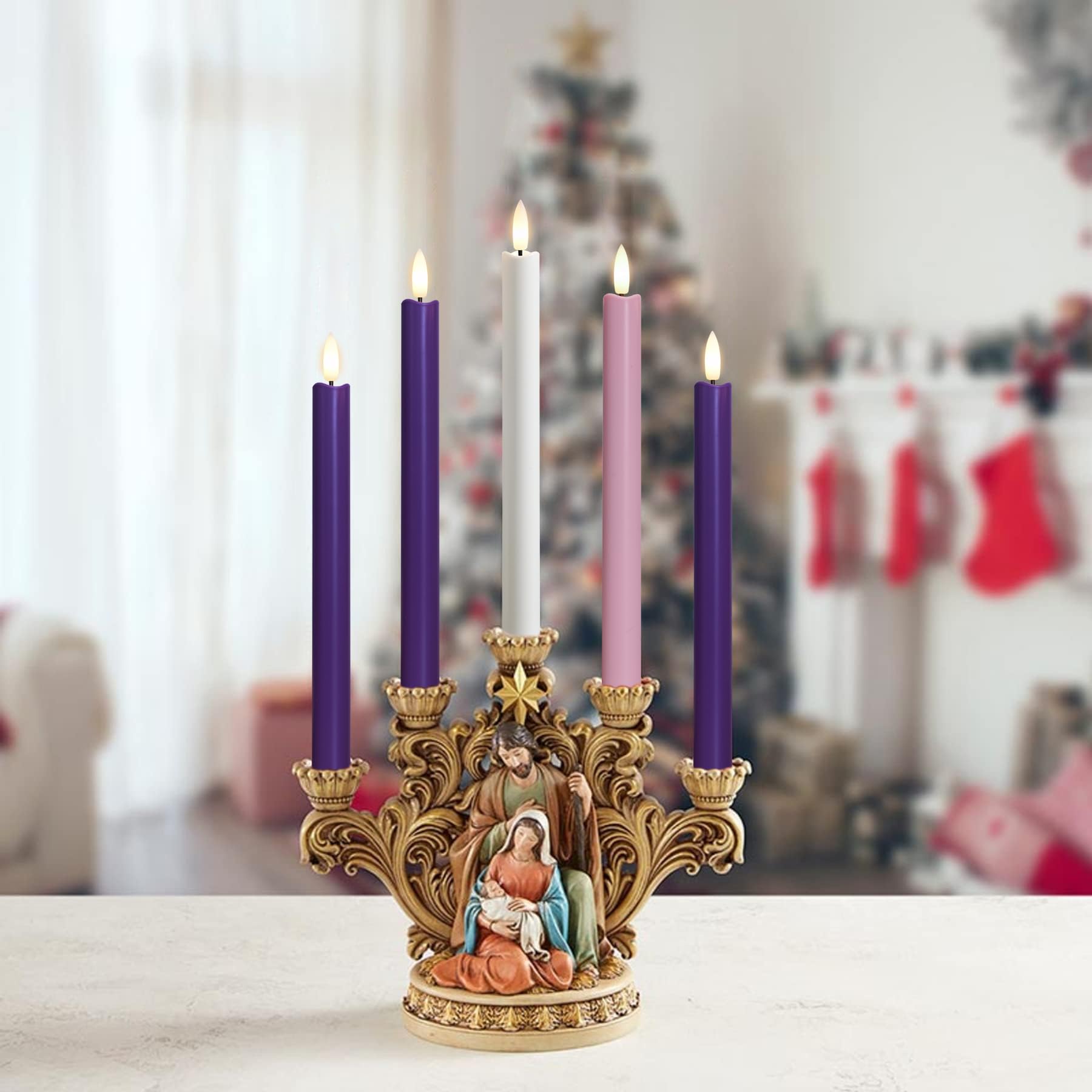 Stmarry Flameless Advent Candles, Set Of 5   Flickering Led Flame, 10 Inch Taper Candlesticks, Remote Controlled   3 Purple, 1 P