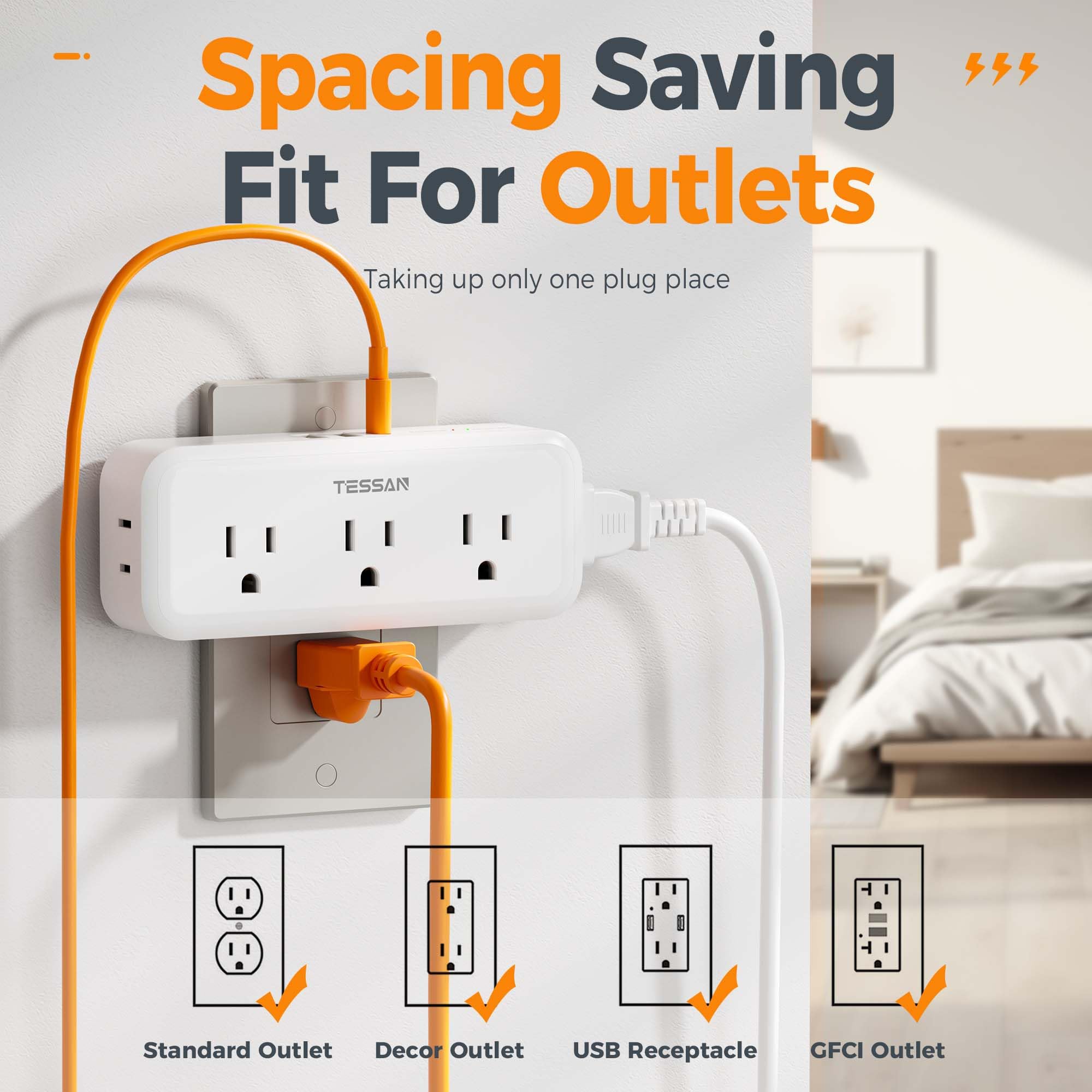 Multi Plug Outlet Splitter, Tessan Surge Protector Outlet Extender With 5 Outlets And 3 Usb (1 Usb C), 3 Way Multiple Plug Expan