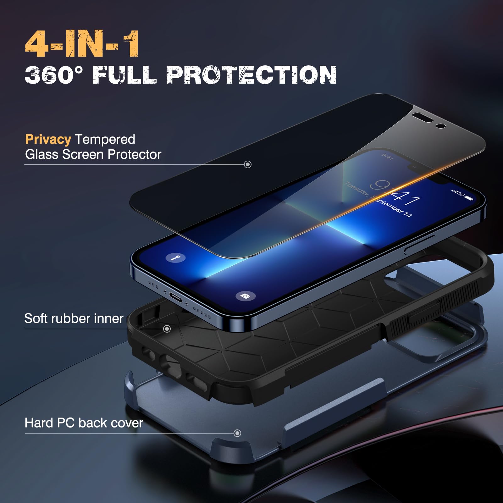 Diaclara Designed For Iphone 13 Pro Case, [With Privacy Screen Protector] [Anti Spy] [Military Grade Drop Protection] Heavy Duty