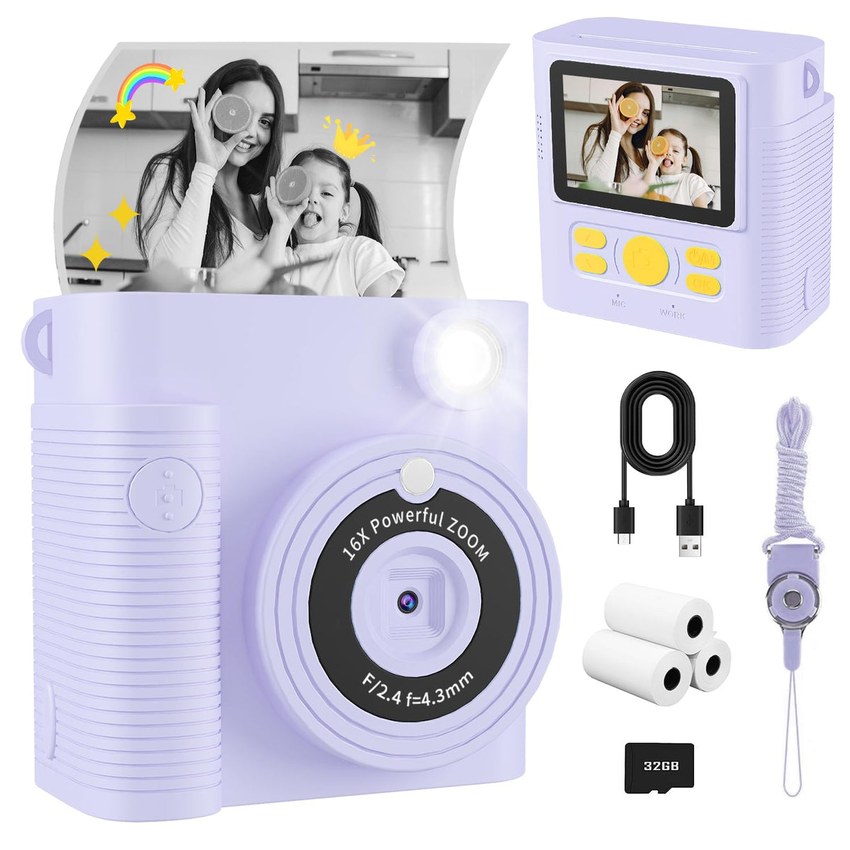 Fkateen Kids Camera Instant Print, Christmas Birthday Gifts Girls Boys Aged 3-12, Hd Digital Video Cameras Toddler, Instant Came