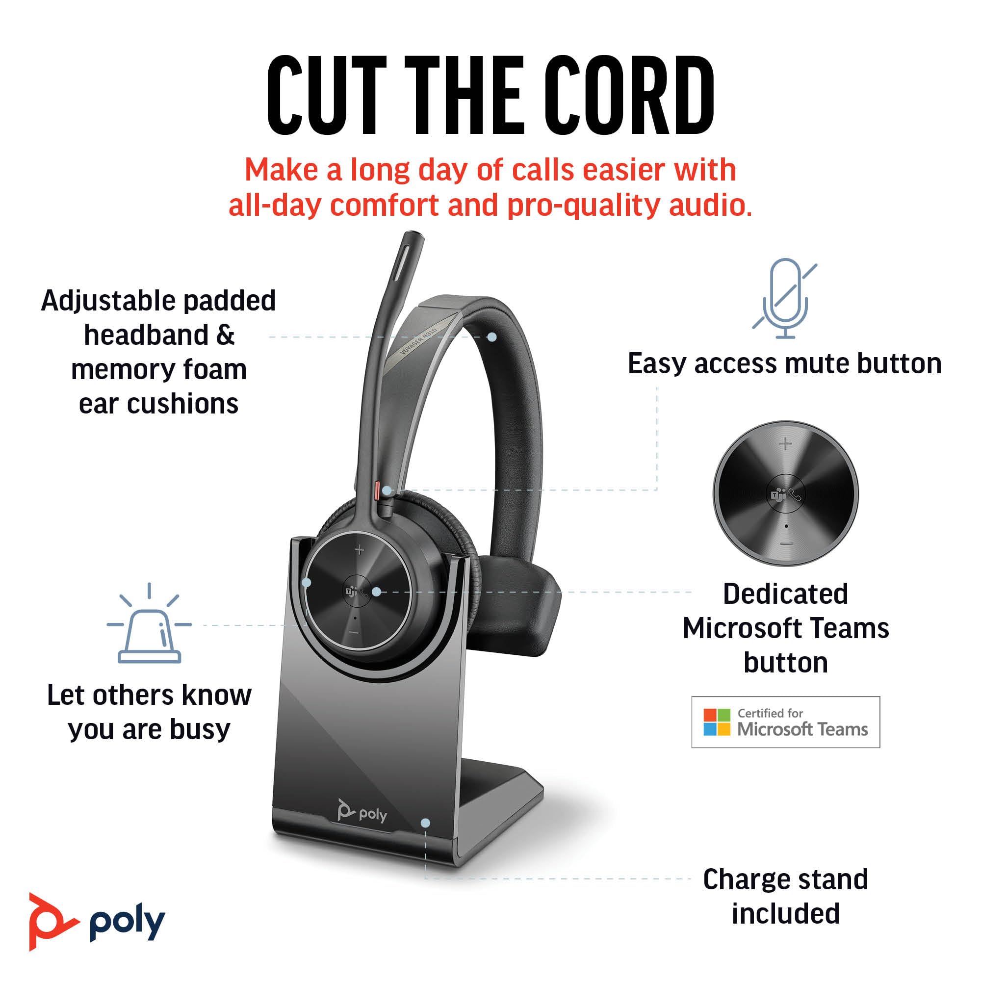 Poly Voyager 4310 Uc Wireless Headset With Mic For Work, Mono, Charge Stand - Noise-Canceling Boom Mic - Connect Pc Via Usb-C/Us