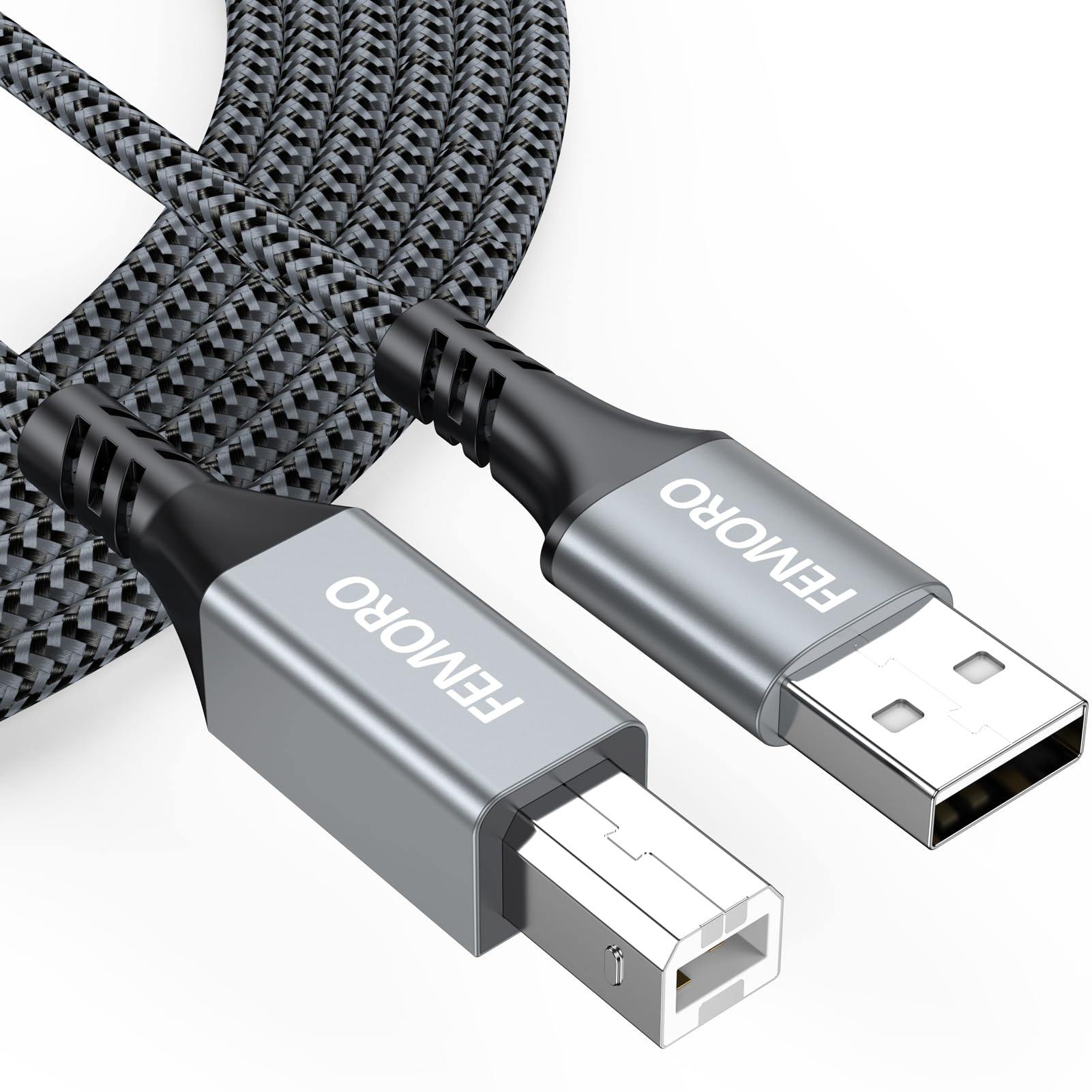 Femoro Printer Cable 10 Feet, Usb A To Type B Braided High Speed Data & Power Cord 2.0 Long Midi Replacement Cable For Printer/Midi Keyboard Piano Dj Controller/Computer Laptop And More