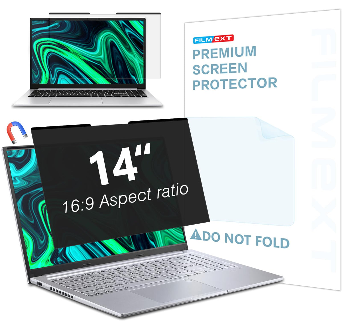 Filmext Magnetic Laptop Privacy Screen 14 Inch For 16:9 Widedisplay, Removable Laptop Privacy Screen Shield Anti Glare Blue Ligh