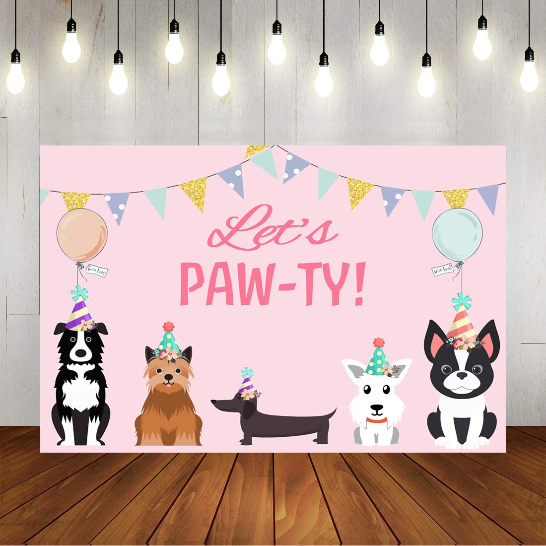 5X3Ft Puppy Dog Happy Birthday Themed Backdrops Let'S Paw Ty Doggy Pet Pink Girl Photography Backdrop Birthday Banner For Puppy