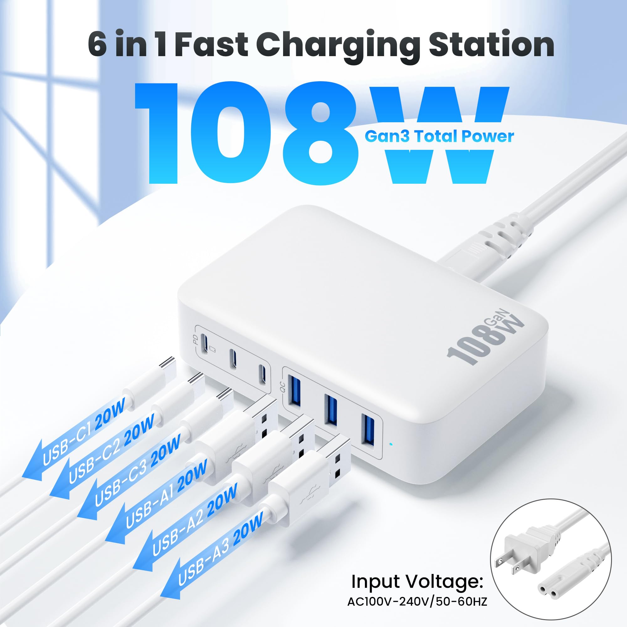 Usb C Charger Block Charging Station,108W Gan Iii 6 Port 3Xqc+3Xpd Wall Charger Adapter Plug Cube,Super Fast Type C Charging Hub