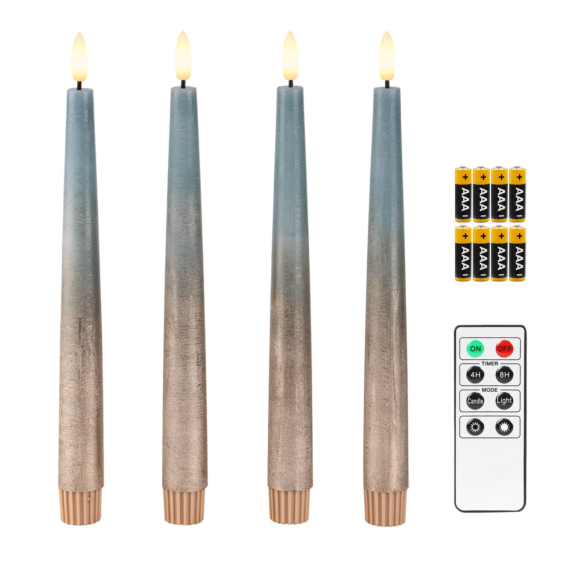 Fanna 9.6 Flameless LED Taper Candles with Timer in Real Wax, Battery Operated Rustic Metallic Dinner Candlesticks with Remote, 