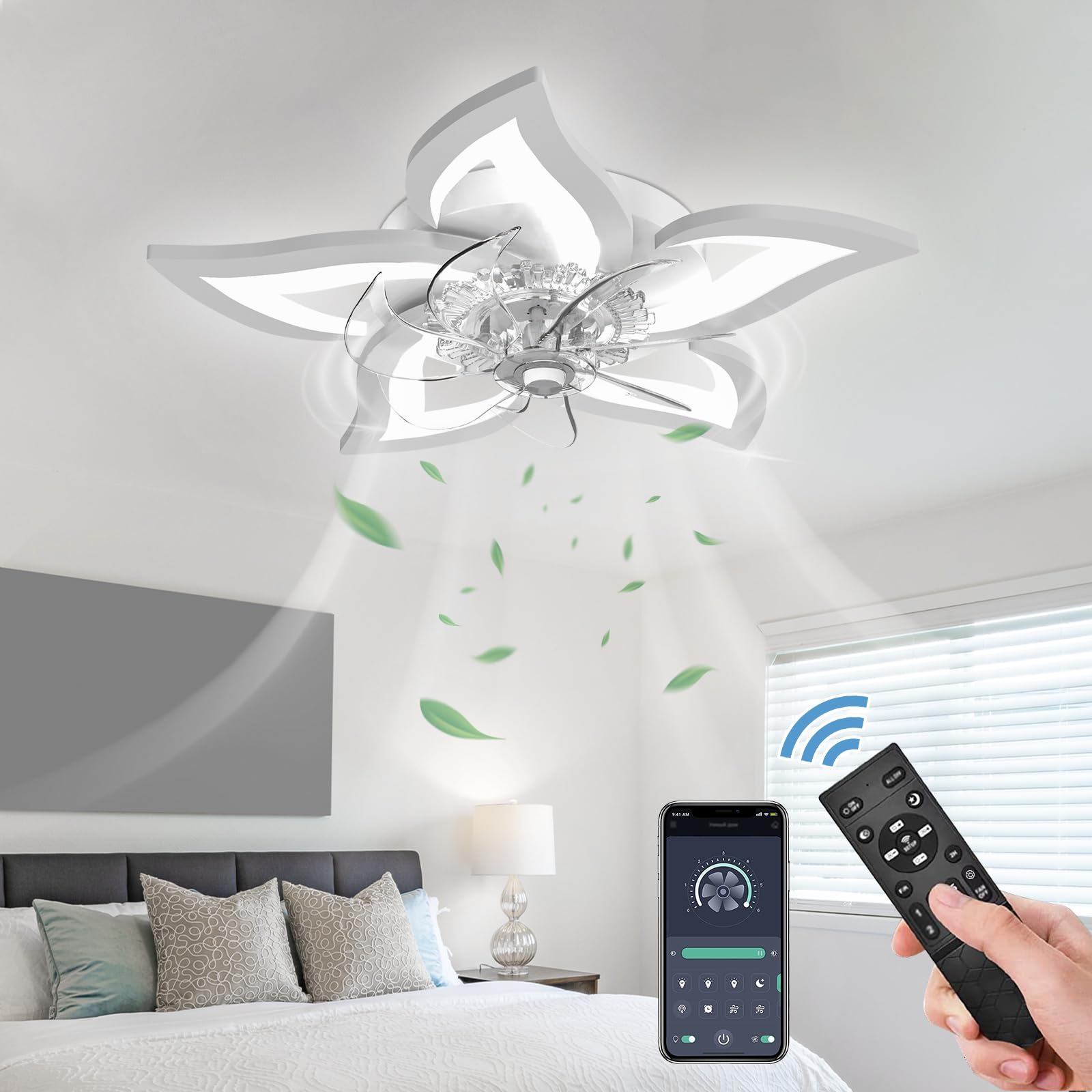 GooComfy Dimmable Ceiling Fan with Light and Remote Control, 27 Small Flush Mounted Ceiling Fan with Led Lights, APP and Remote 