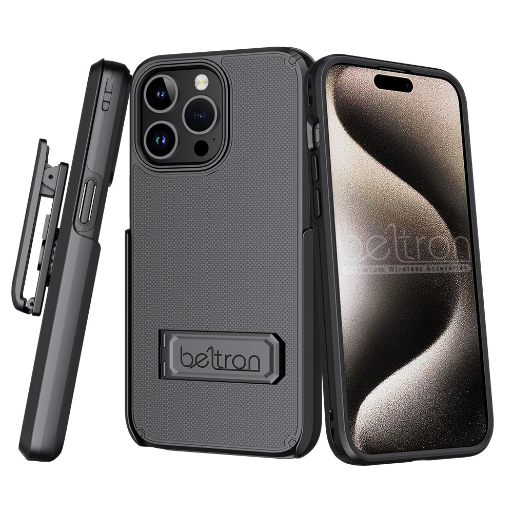 BELTRON Case Holster Combo for iPhone 15 Pro Max, Slim Protective Full Body Grip Case & Swivel Belt Clip 3 in 1 Combo with Kicks