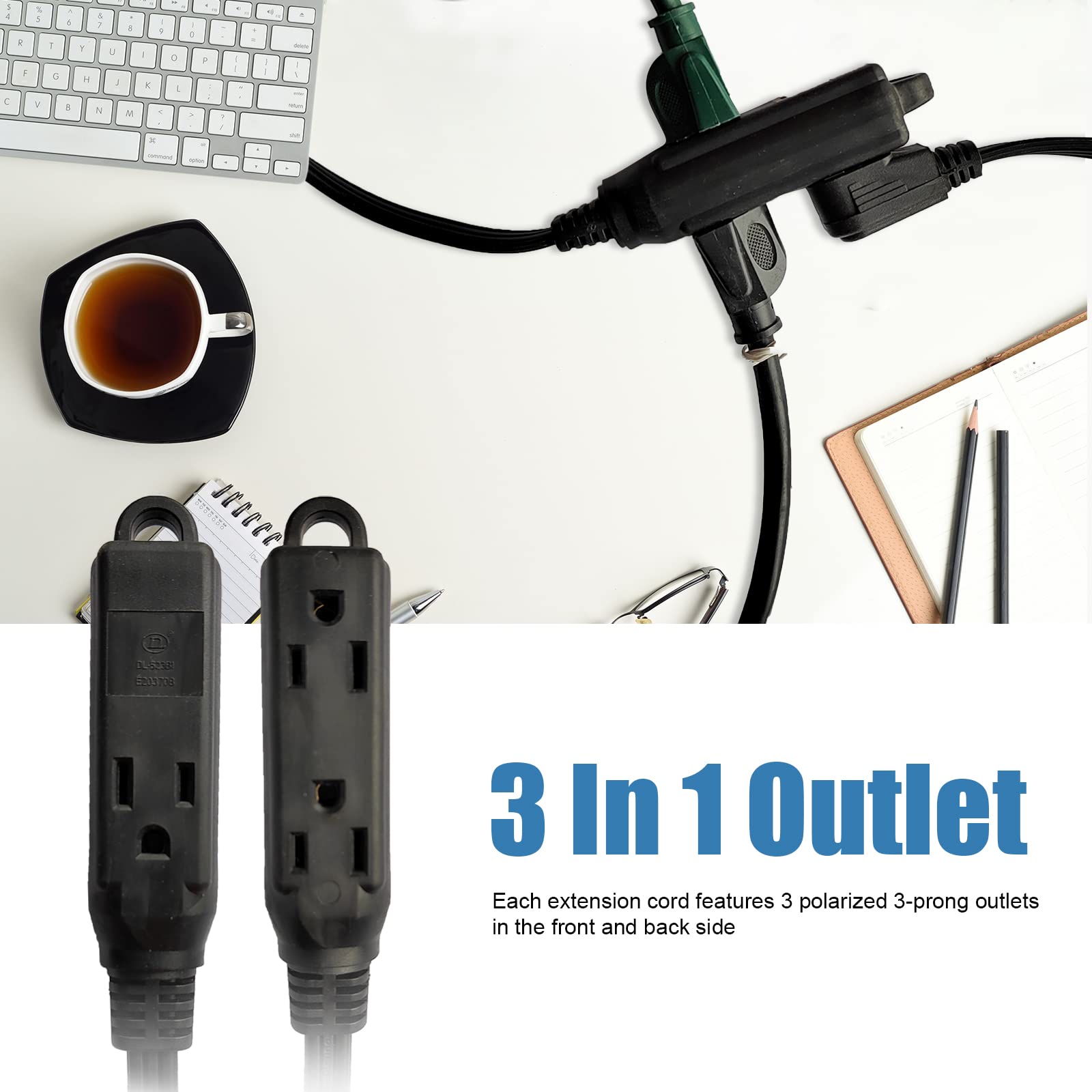 Greatide 15 Ft 3 Outlet Extension Cord With Flat Plug, 3 Prong Grounded, 16/3 Spt 3 Power Cable For Indoor Use, Black, 2 Pack