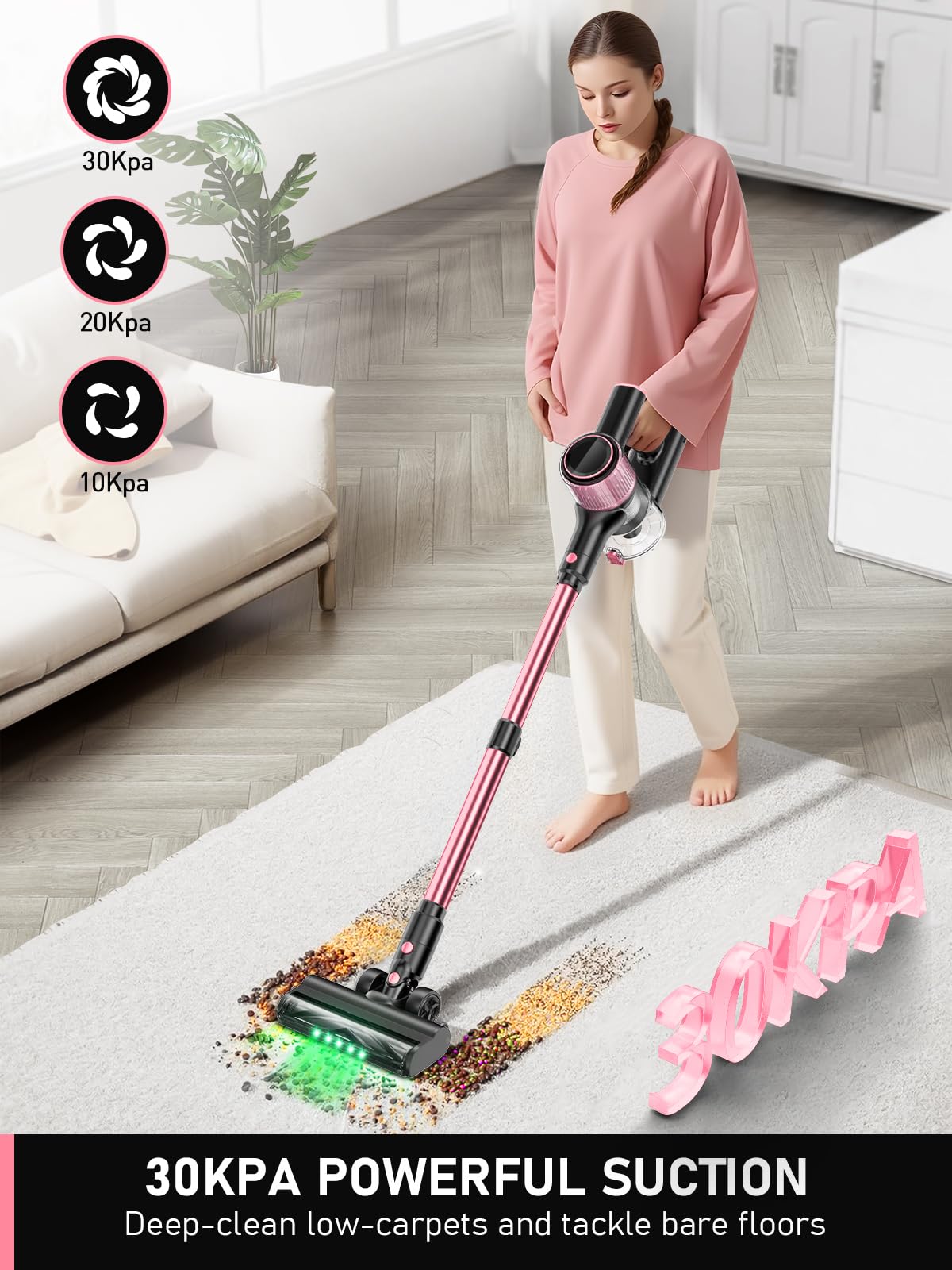 Cordless Vacuum Cleaner, 350W/30Kpa 8 In 1 Powerful Stick Vacuum, With Anti Tangle Brush And Upgraded Green Light, 40Mins Runtim