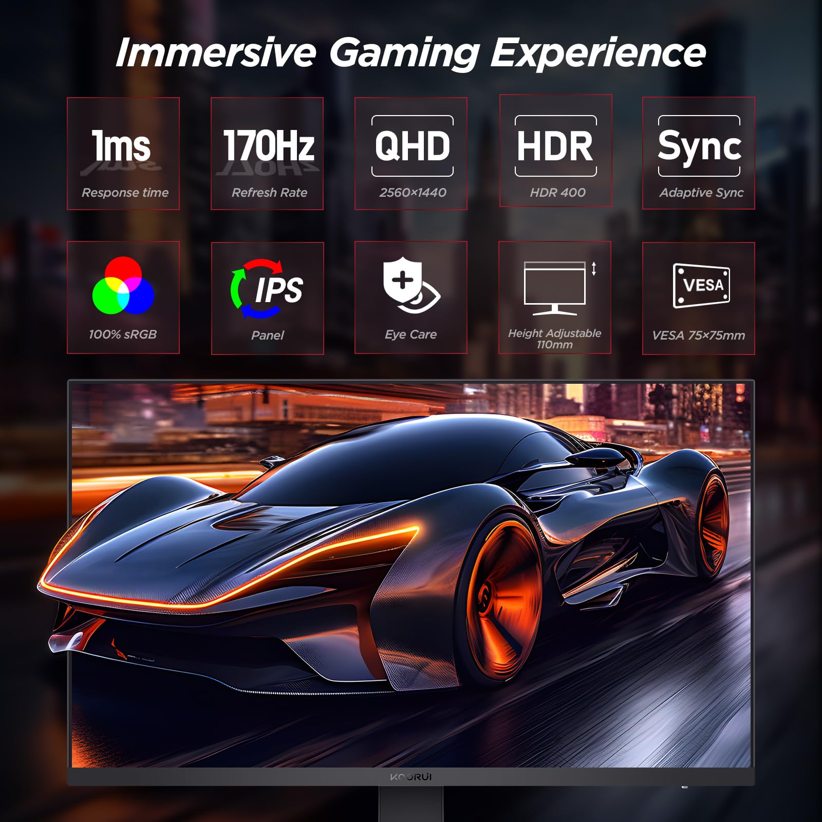 Koorui Monitor, 27'' Qhd Ips Gaming Monitor, 170Hz, 1Ms, Hdr400, Compatibility G Sync And Freesync, Tilt Pivot Swivel Vertical H