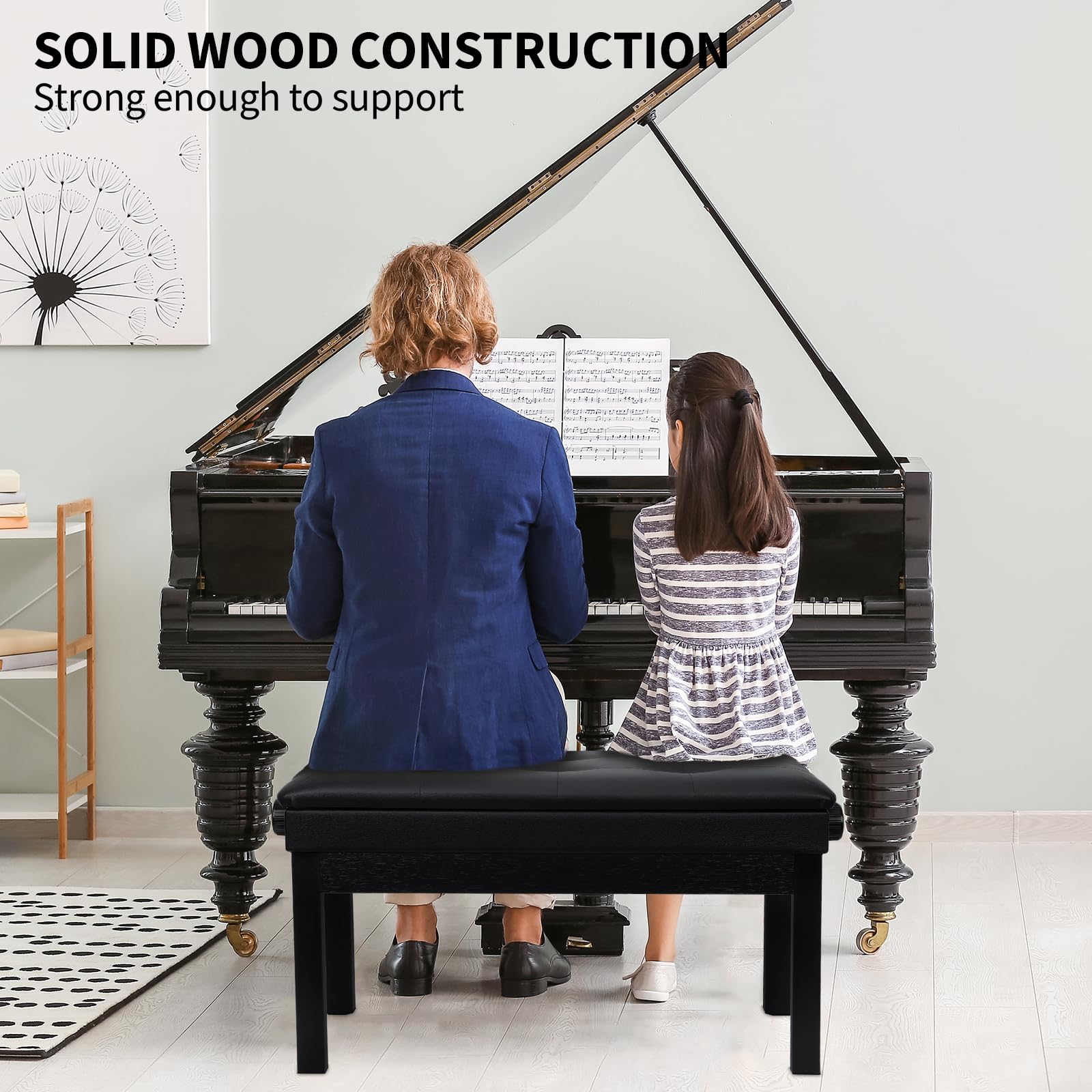Jdfdexc Adjustable Double/Duet Piano Bench,Solid Wood Piano Chair,Waterproof Piano Seat With Storage For Music Books & Leather C