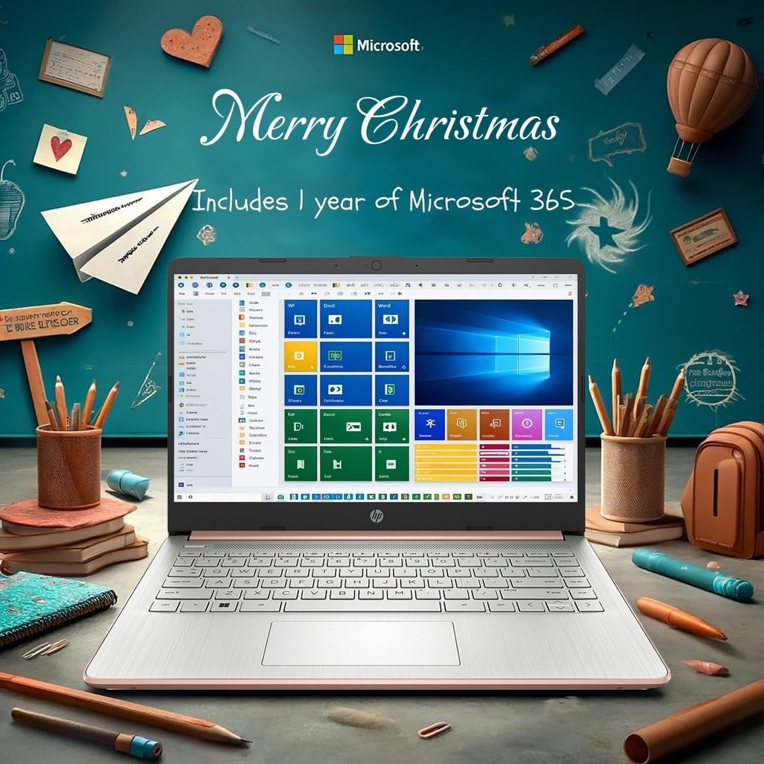 Hp 14 Flagship Laptop | Christmas Limited Edition With Microsoft 365 | Bluetooth Earphones | Rose Gold | 4-Core Intel Cpu | 16Gb